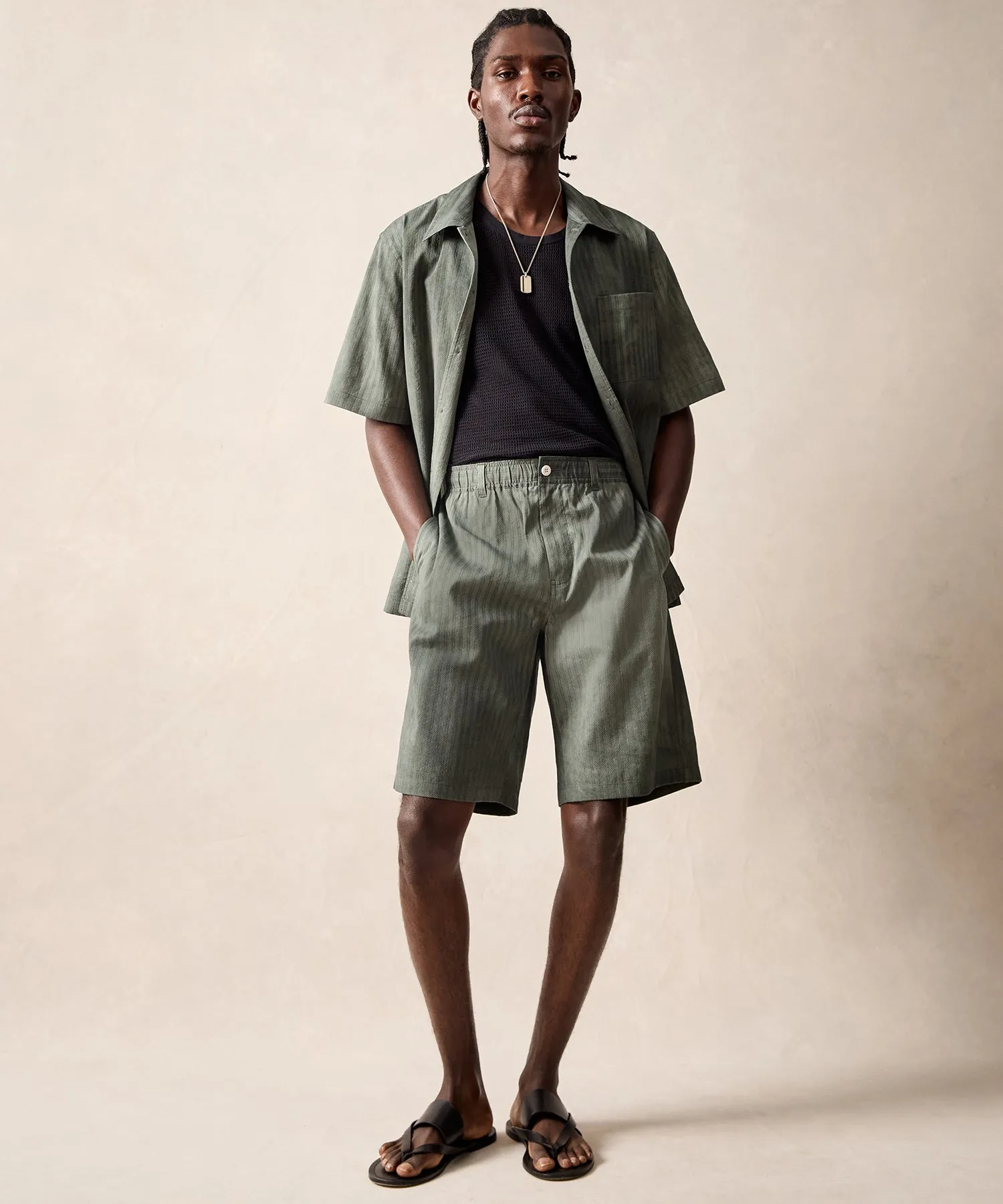 11" Italian Overdyed Relaxed Short in Green Stripe