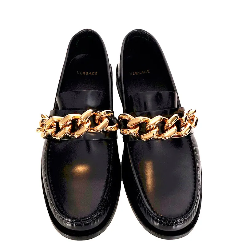 43 US 10 NEW $1125 VERSACE Mens RUNWAY Black Leather GOLD CHUNKY CHAIN LOAFERS