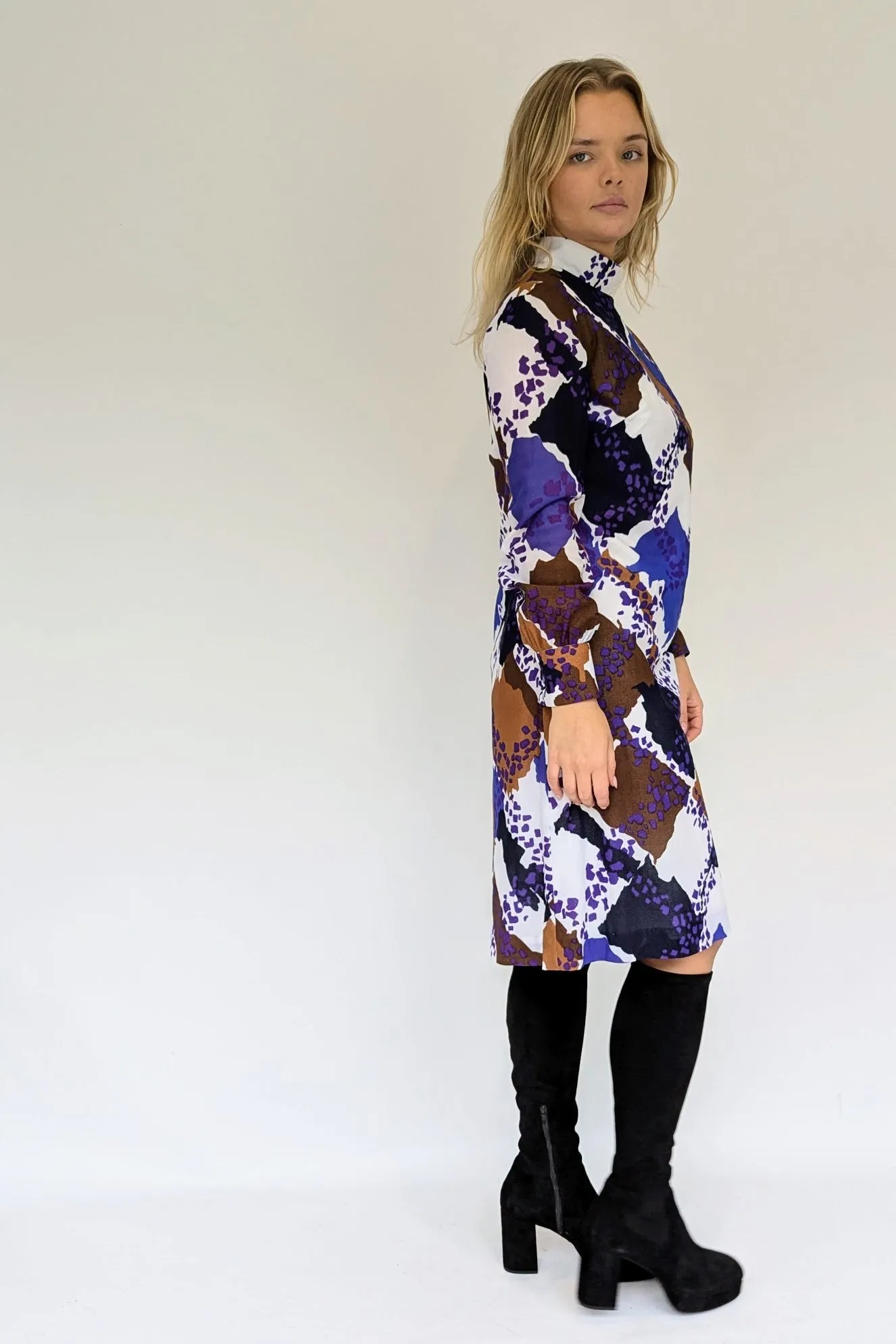 70s Vintage High Neck Abstract Dress