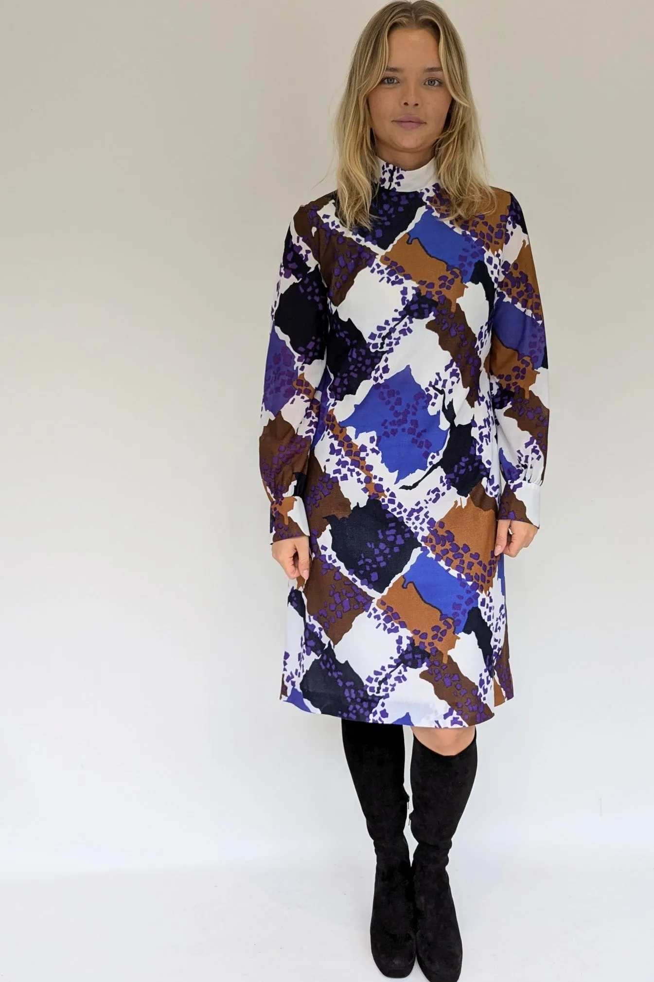 70s Vintage High Neck Abstract Dress