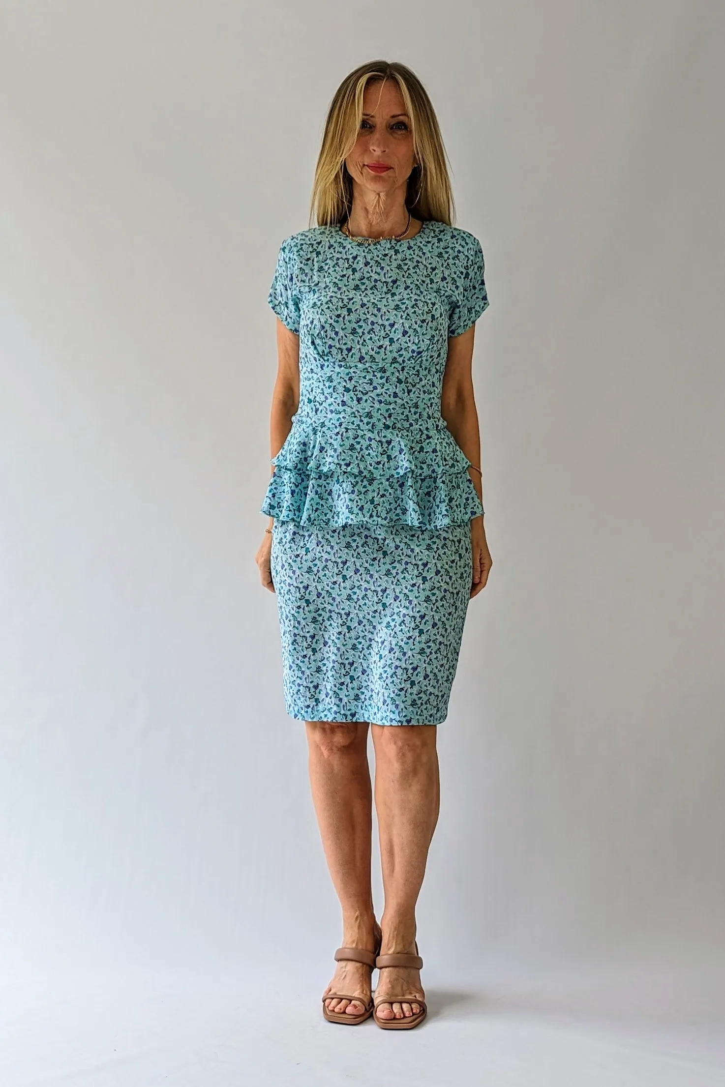 80s Peplum Blue Floral Summer Dress