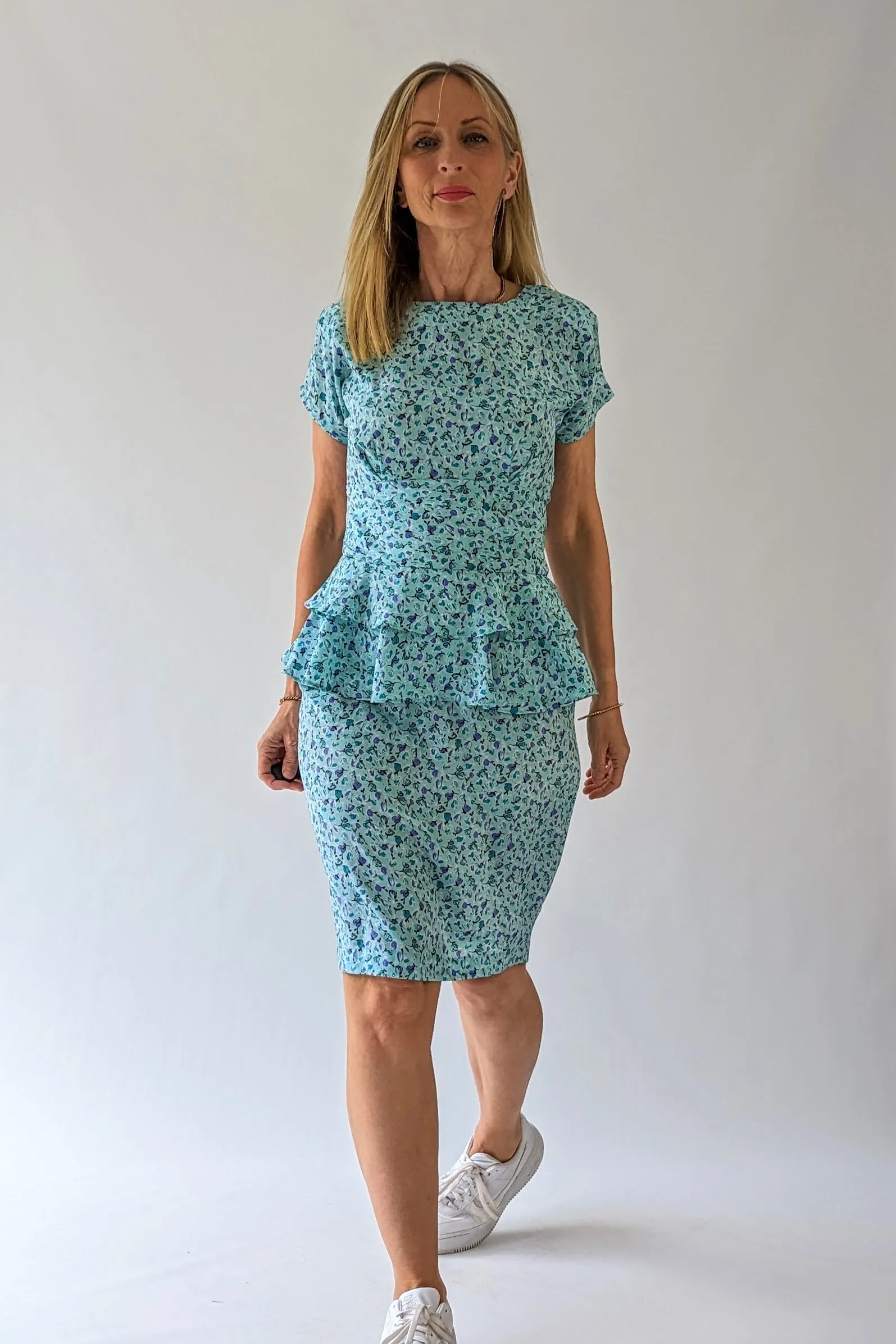 80s Peplum Blue Floral Summer Dress