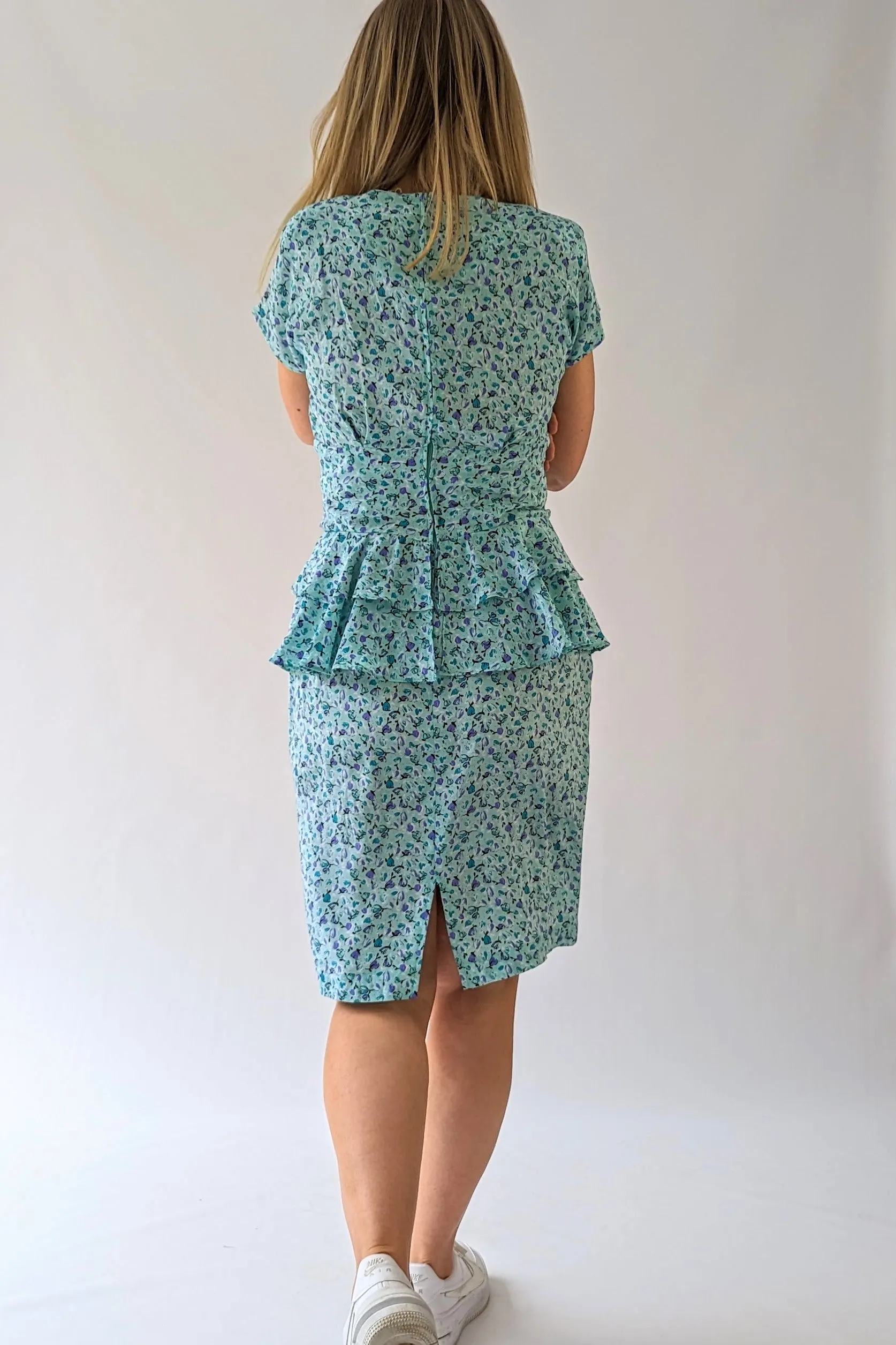 80s Peplum Blue Floral Summer Dress