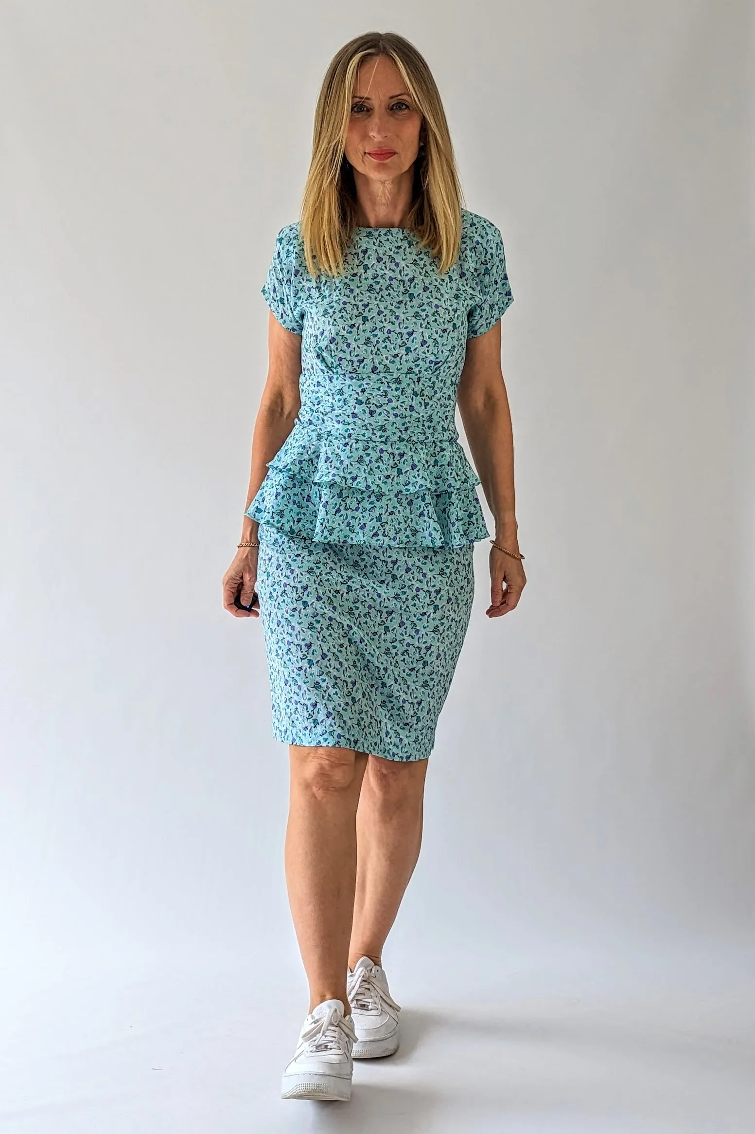 80s Peplum Blue Floral Summer Dress