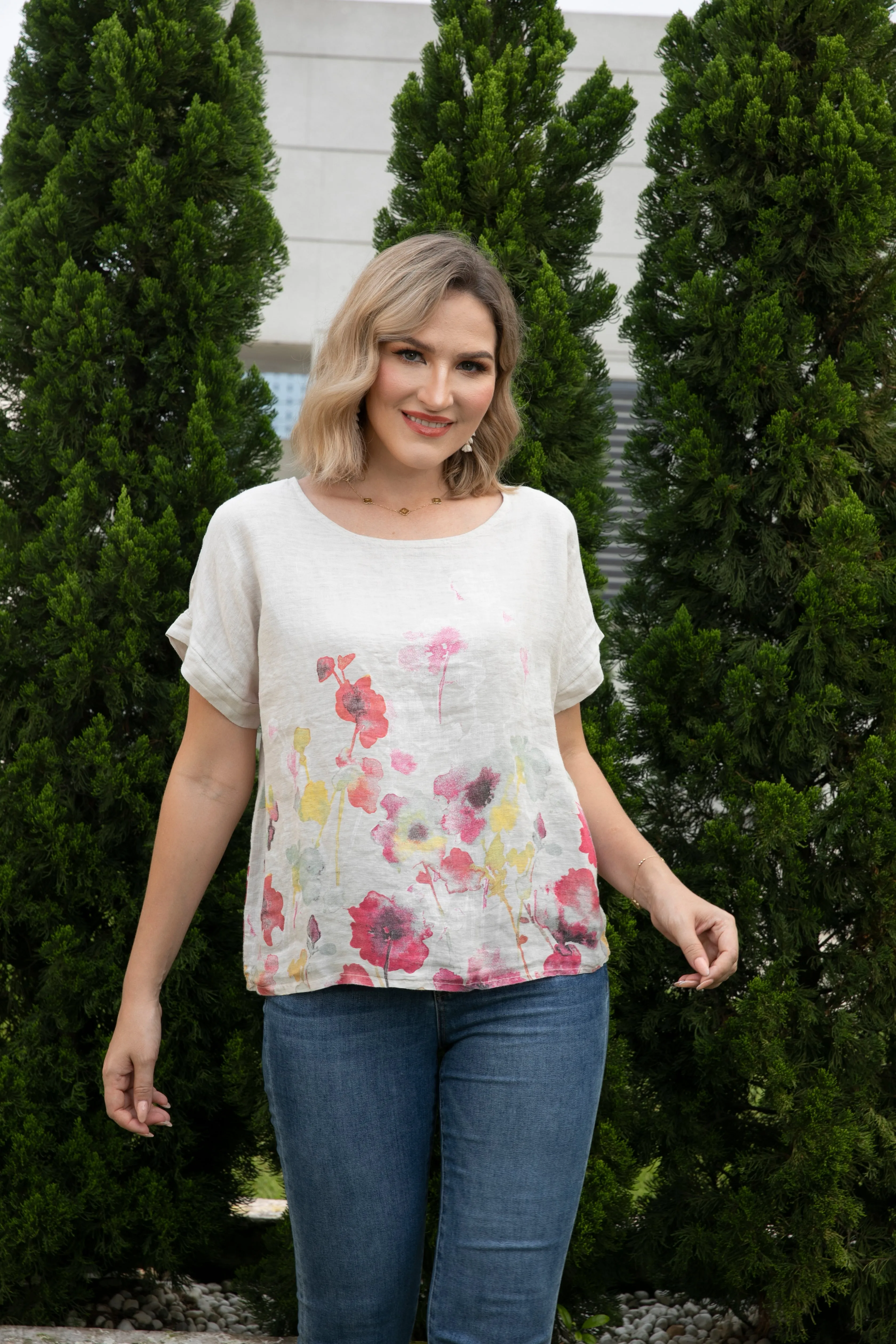 Angela's Watercolor Blossom Linen Top