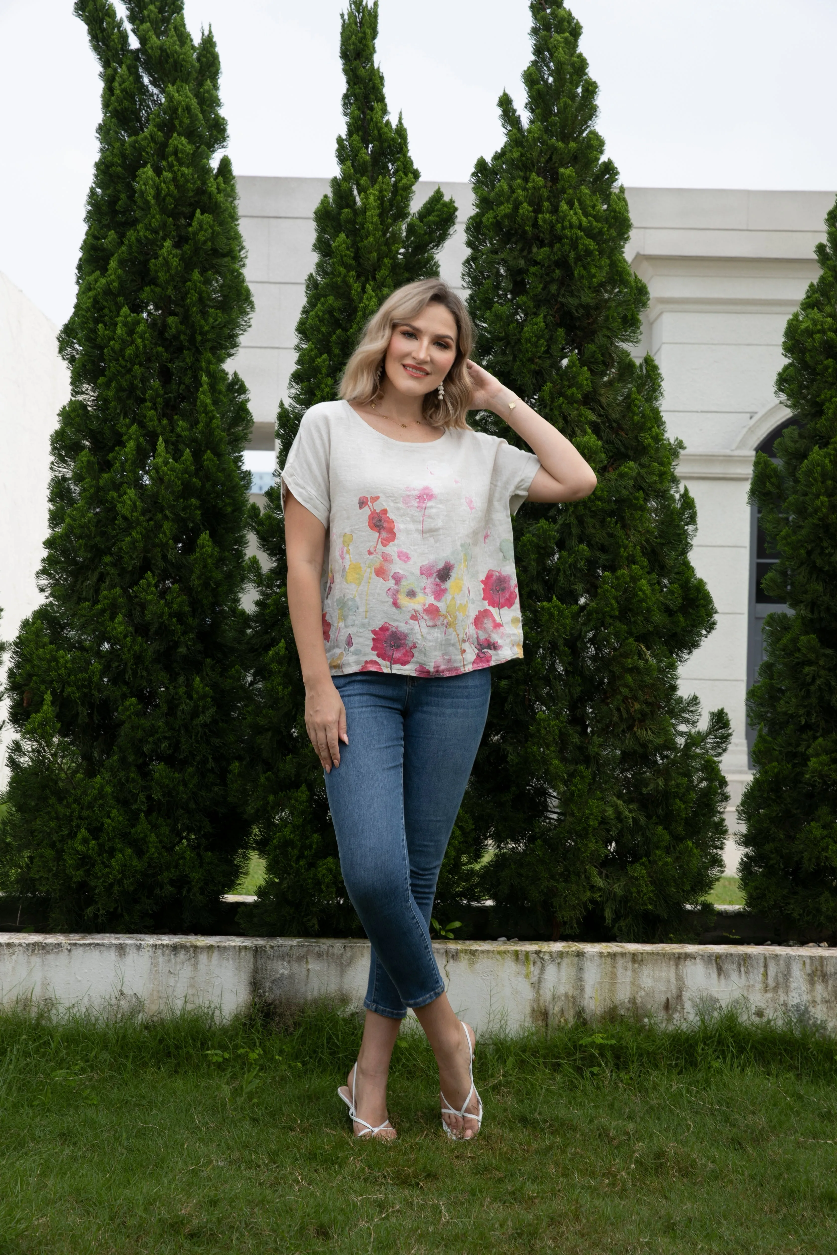 Angela's Watercolor Blossom Linen Top