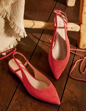 Ankle Tie Pointed Flats-Red Suede