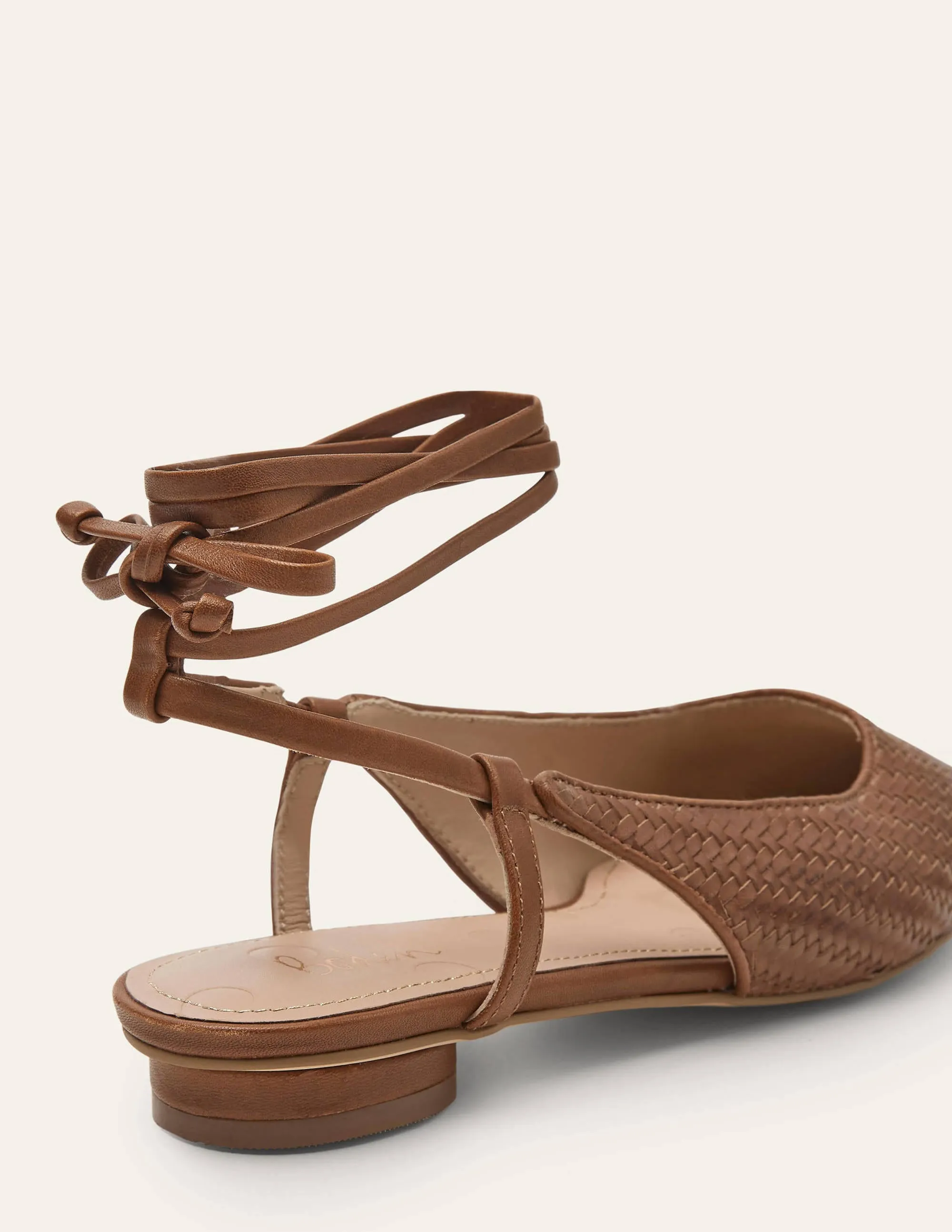 Ankle Tie Pointed Flats-Tan Woven