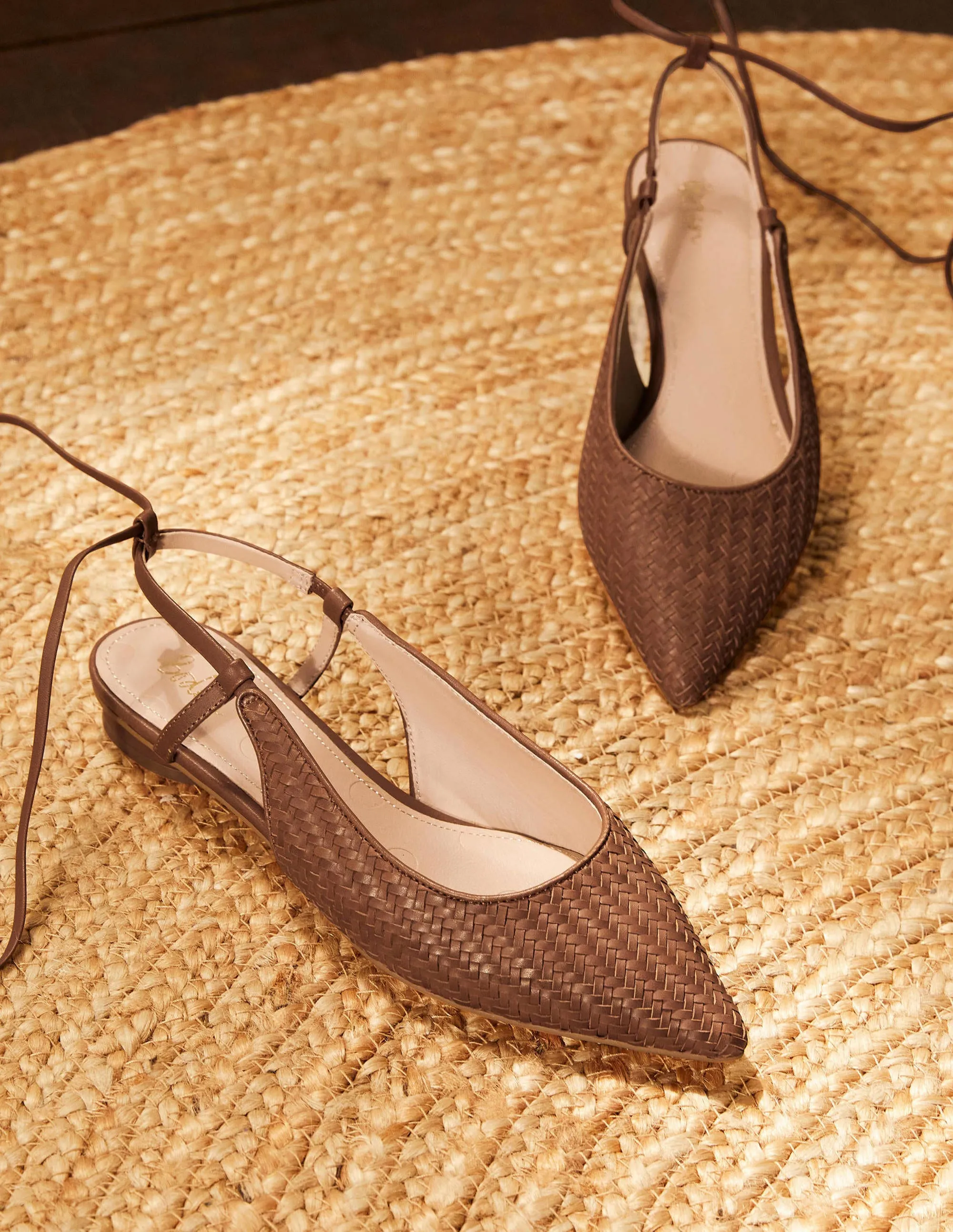 Ankle Tie Pointed Flats-Tan Woven