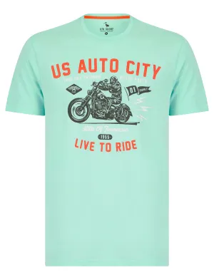 Auto City Motif Cotton Jersey T-Shirt in Limpet Shell Blue - South Shore