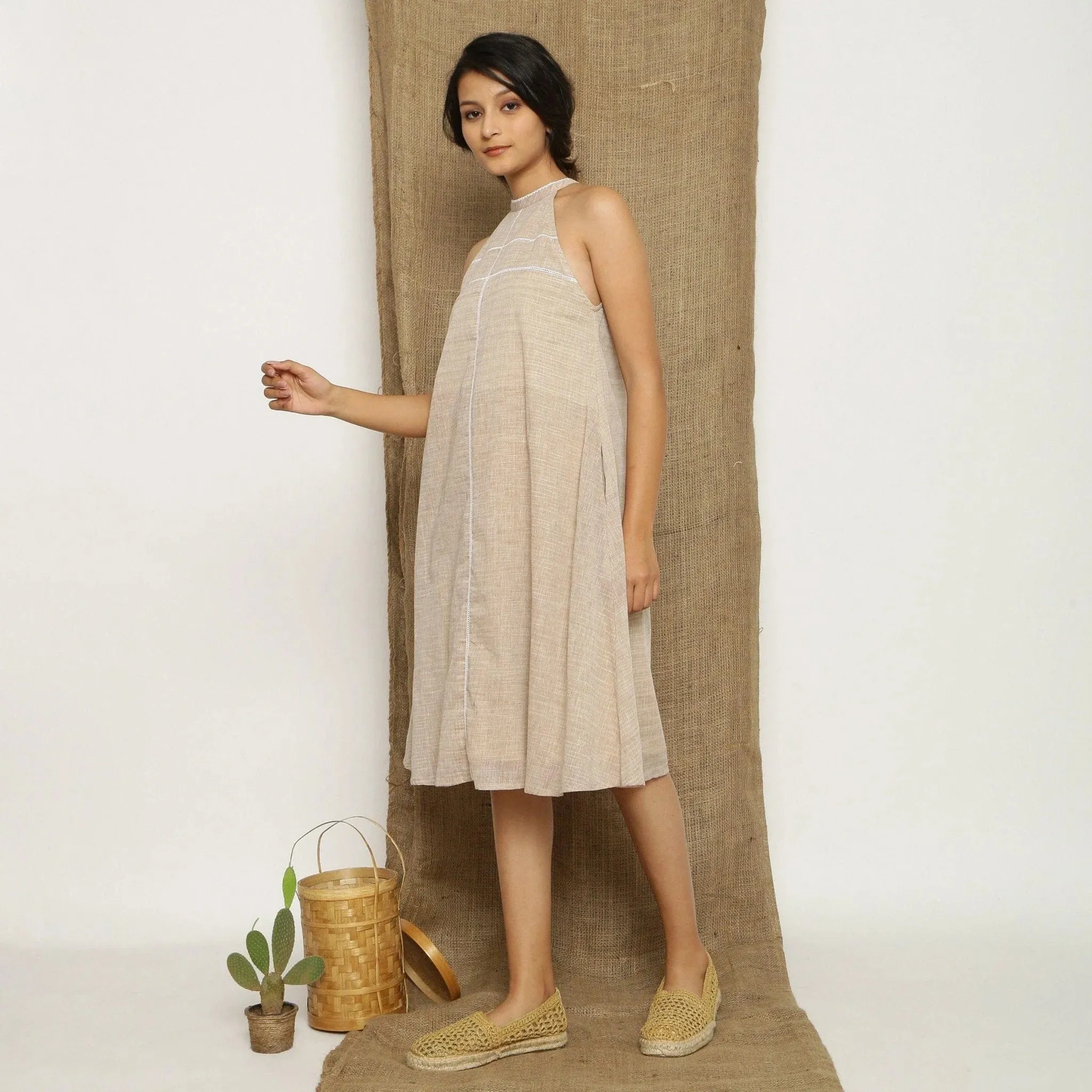 Beige Handspun Cotton Lace Knee Length Paneled Dress