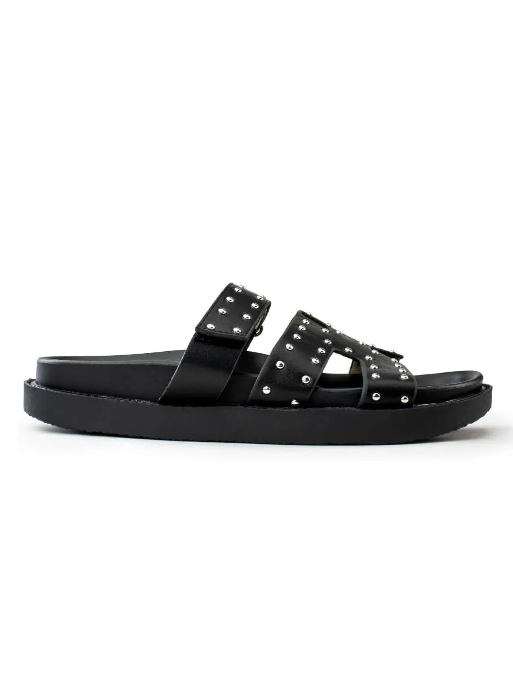 Black studded two straps flat slides sandals