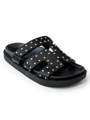 Black studded two straps flat slides sandals