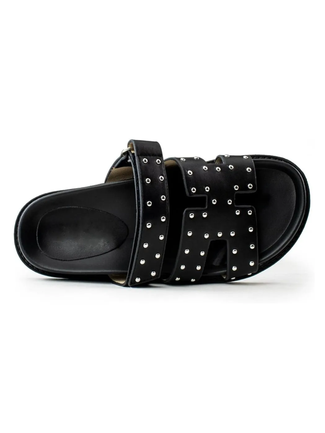 Black studded two straps flat slides sandals