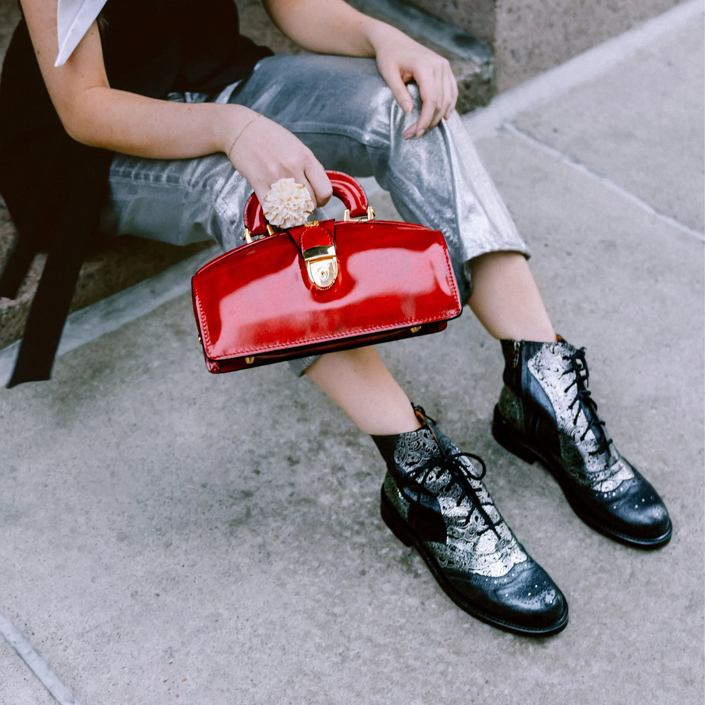 Brick Lane Boots - Silver - Women's oxford higher ankle boot with decorative broguing