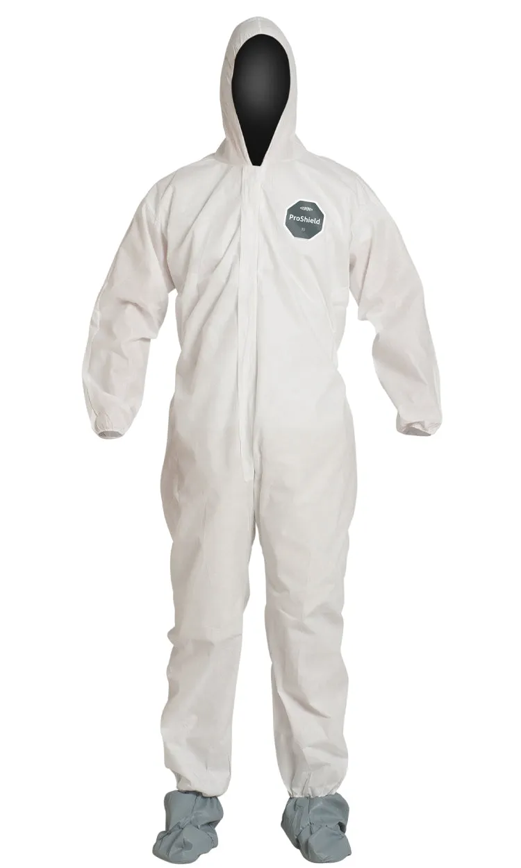 Coveralls - DuPont ProShield® 10 Standard Fit Hood, Elastic Waist & Wrists, Attached Skid-Resistant Boots, Serged Seams, White (Case of 25) PB122S