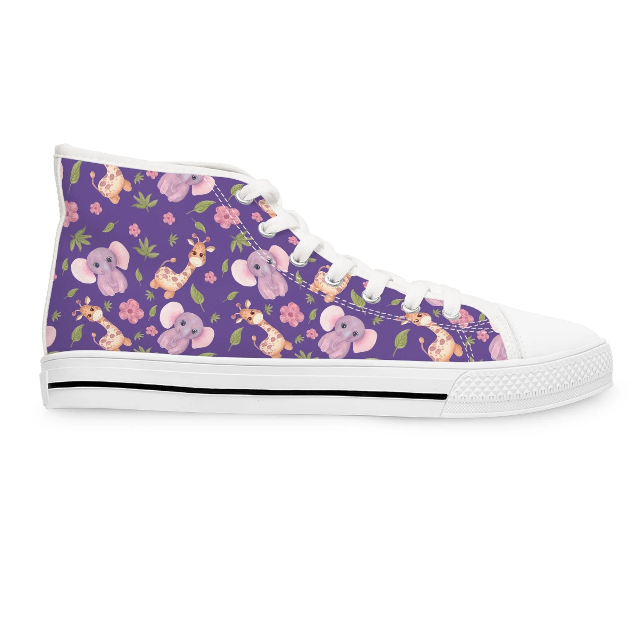 Cute Elephants Giraffe and Purple Background Women's High Top Sneakers