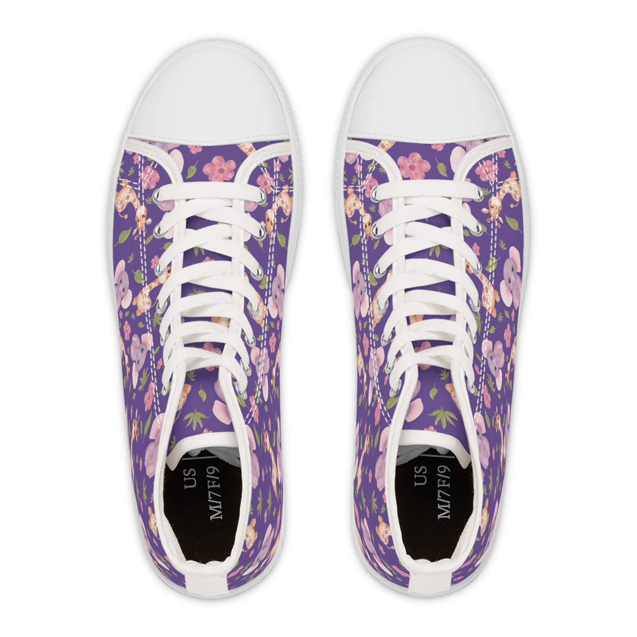 Cute Elephants Giraffe and Purple Background Women's High Top Sneakers