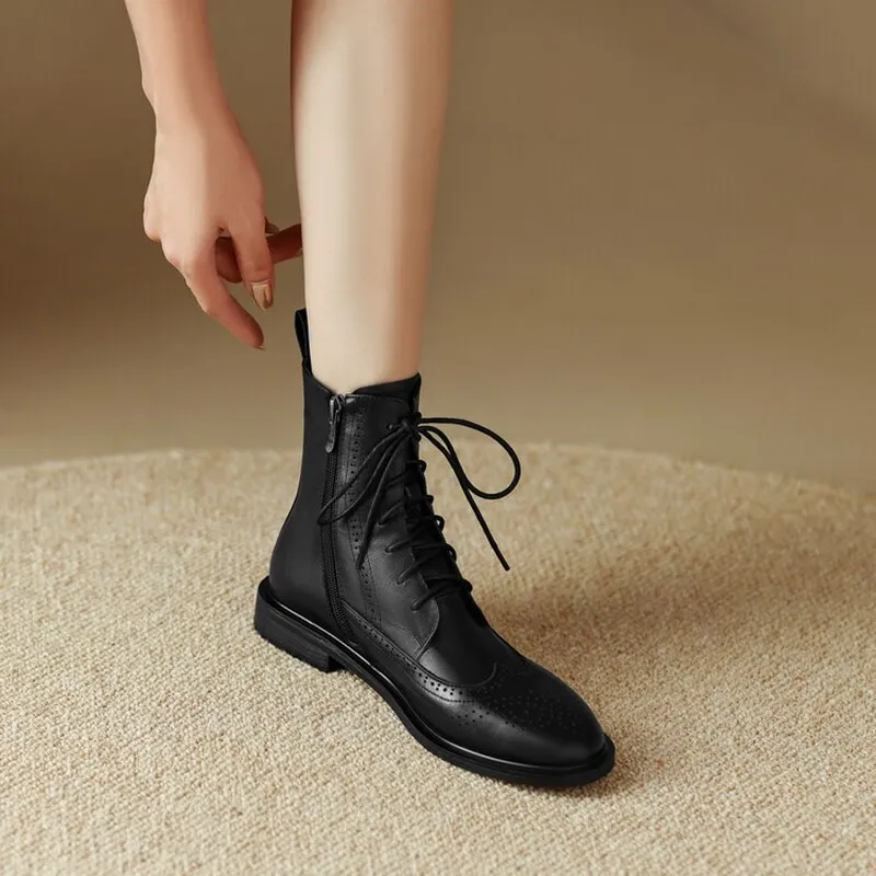 deanwangkt  fashion inspo    NEW Fall Shoes Women Round Toe Low Heel Shoes Winter Solid Genuine Leather Boots Women Hollow Brogues Ankle Boots Chelsea Boots