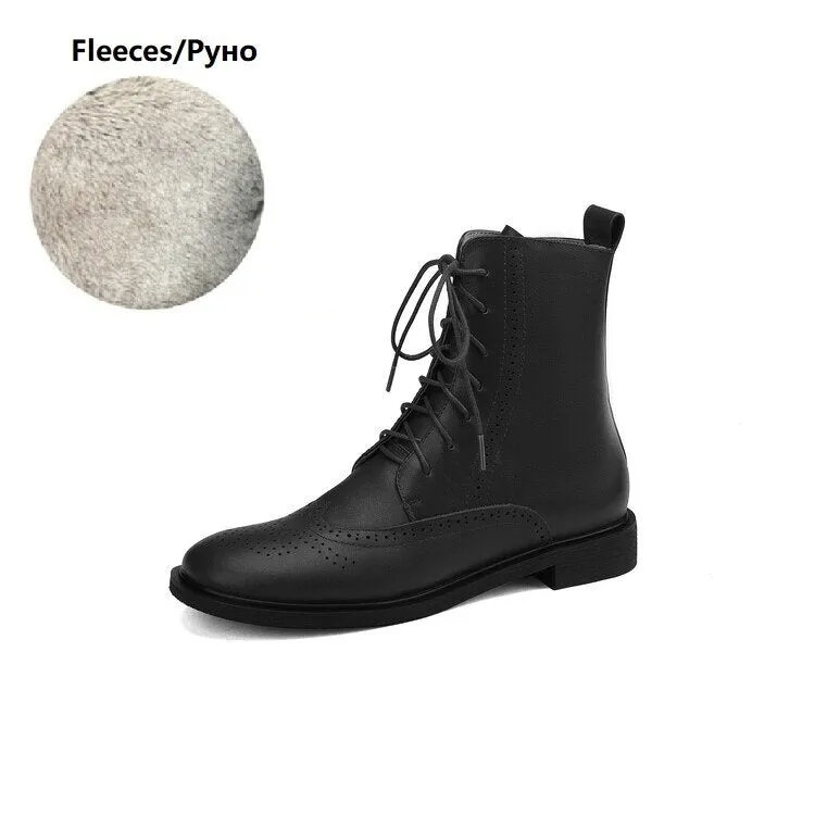 deanwangkt  fashion inspo    NEW Fall Shoes Women Round Toe Low Heel Shoes Winter Solid Genuine Leather Boots Women Hollow Brogues Ankle Boots Chelsea Boots