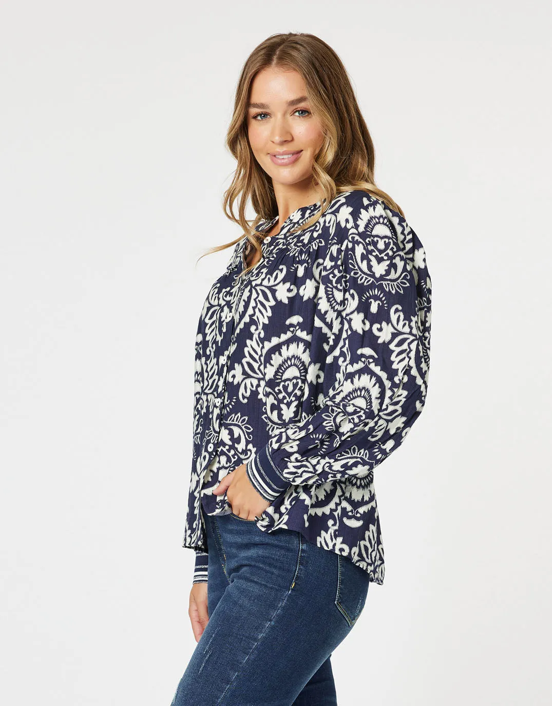 Emily Print Top - Navy/White