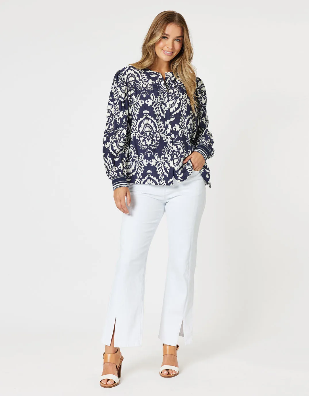 Emily Print Top - Navy/White