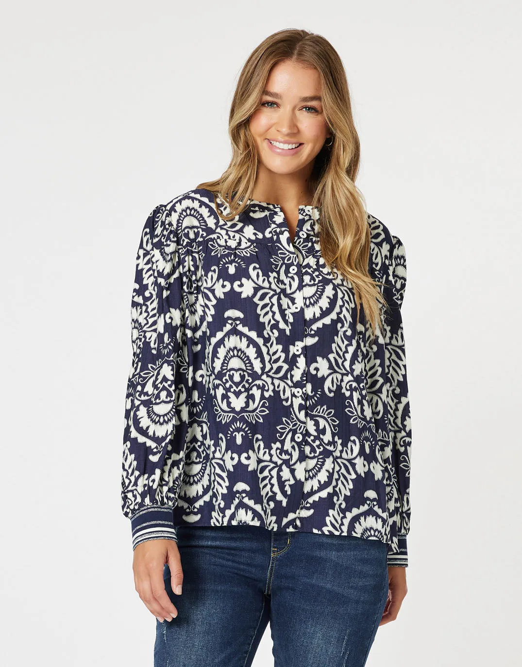 Emily Print Top - Navy/White