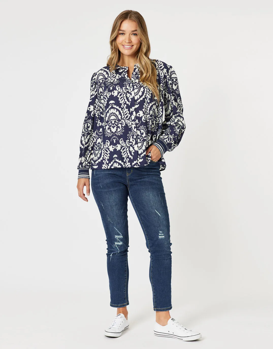 Emily Print Top - Navy/White