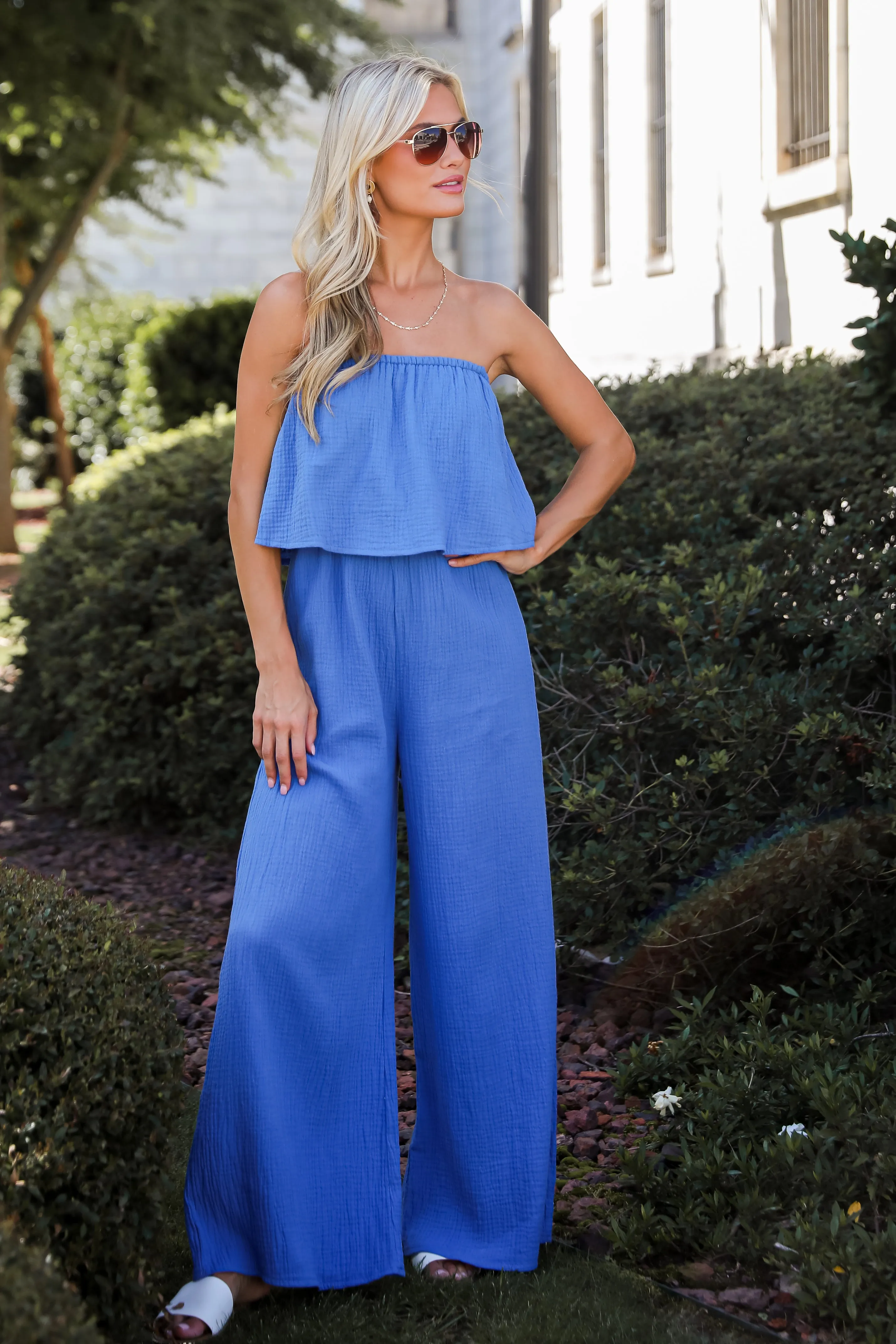 FINAL SALE - Celebrate In Style Blue Linen Strapless Jumpsuit