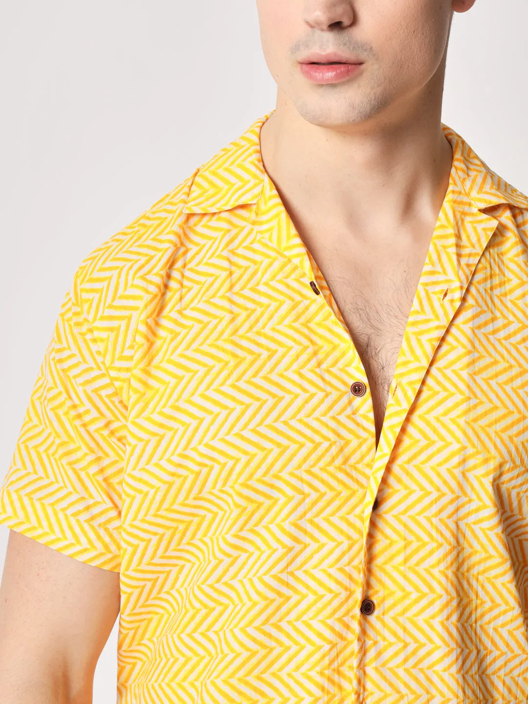 Firangi Yarn 100% Jaipuri Cotton Resort Chevron Printed Cuban Collar Casual Shirt Yellow