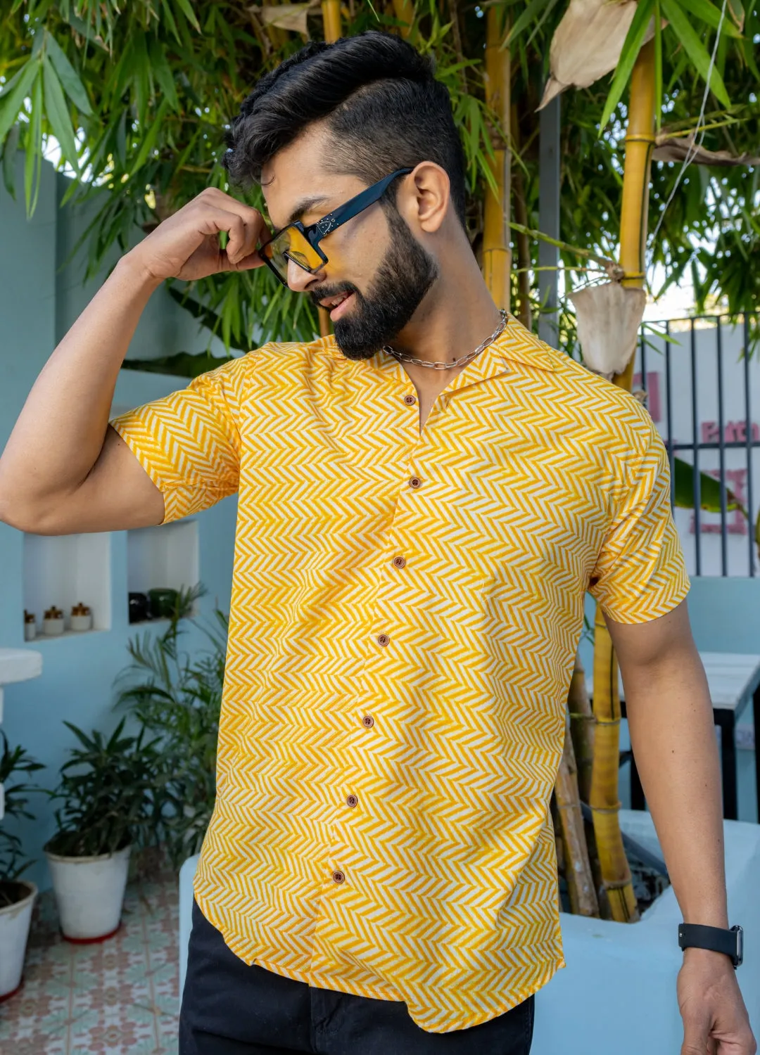 Firangi Yarn 100% Jaipuri Cotton Resort Chevron Printed Cuban Collar Casual Shirt Yellow