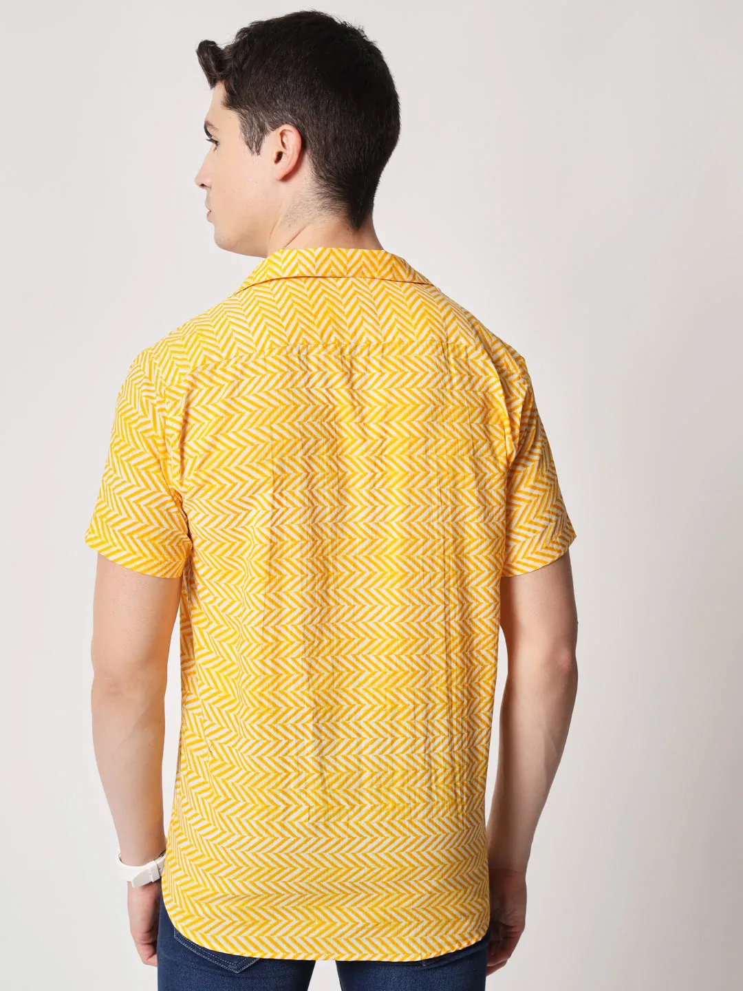 Firangi Yarn 100% Jaipuri Cotton Resort Chevron Printed Cuban Collar Casual Shirt Yellow