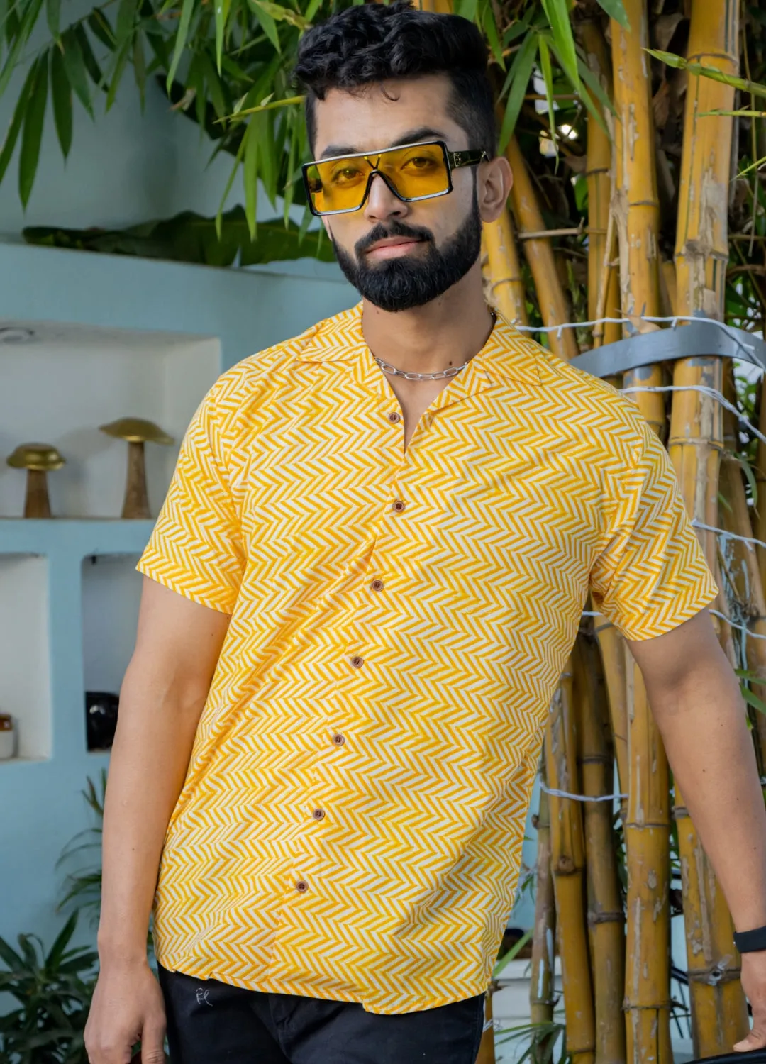 Firangi Yarn 100% Jaipuri Cotton Resort Chevron Printed Cuban Collar Casual Shirt Yellow