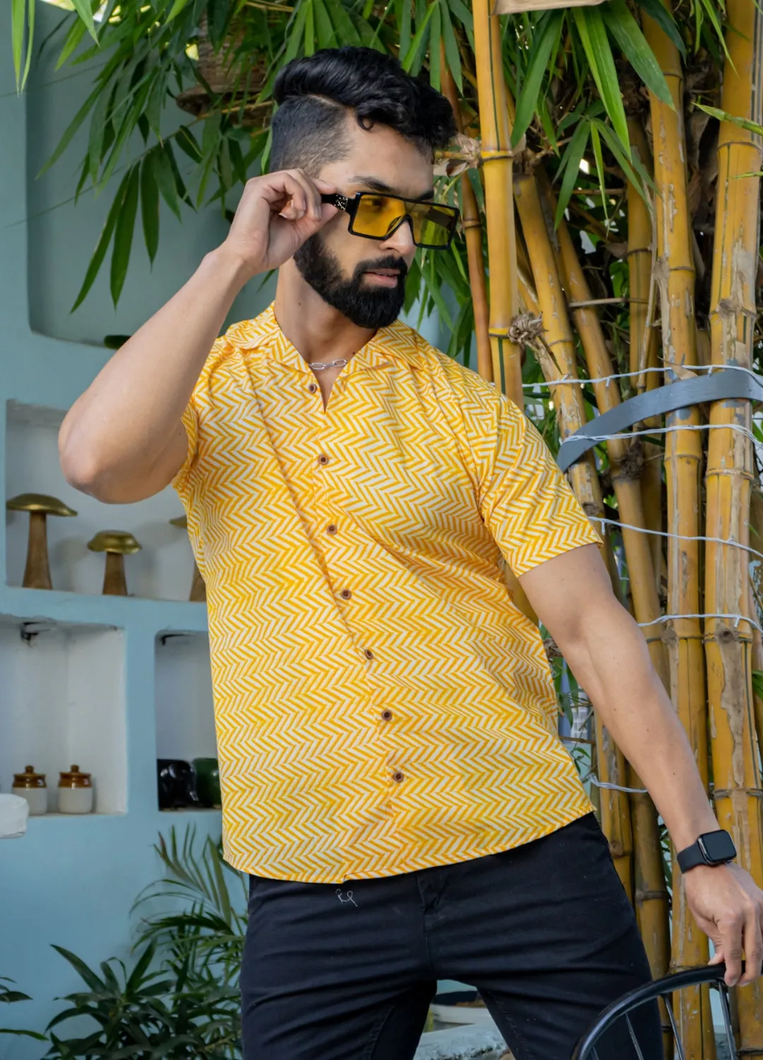 Firangi Yarn 100% Jaipuri Cotton Resort Chevron Printed Cuban Collar Casual Shirt Yellow