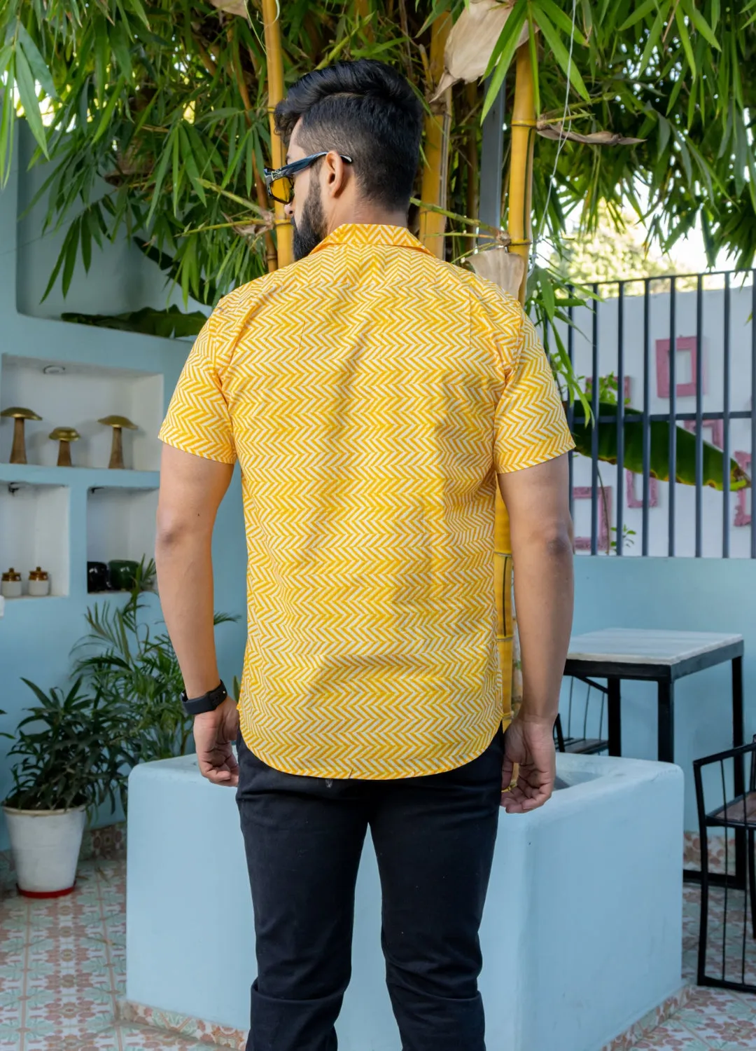 Firangi Yarn 100% Jaipuri Cotton Resort Chevron Printed Cuban Collar Casual Shirt Yellow