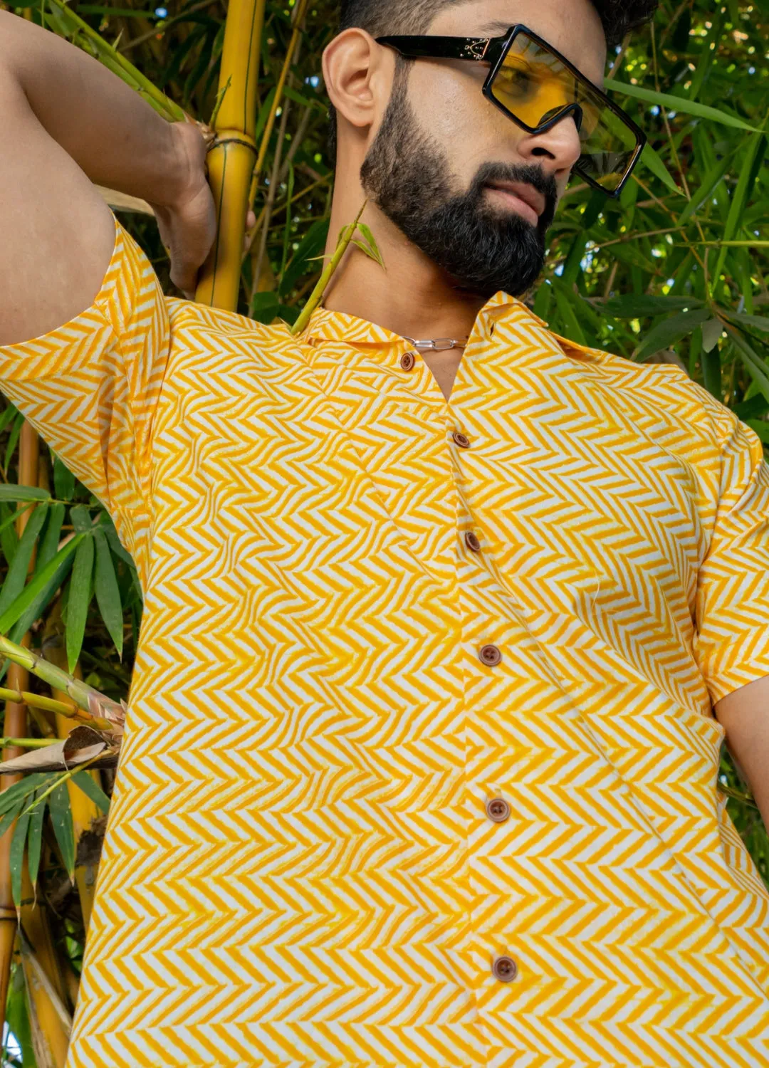 Firangi Yarn 100% Jaipuri Cotton Resort Chevron Printed Cuban Collar Casual Shirt Yellow