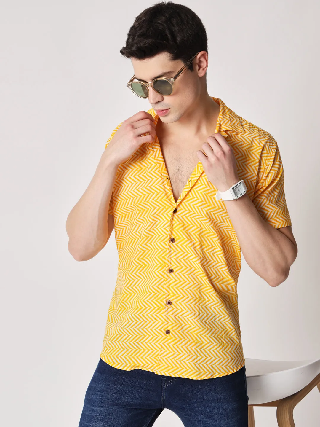 Firangi Yarn 100% Jaipuri Cotton Resort Chevron Printed Cuban Collar Casual Shirt Yellow