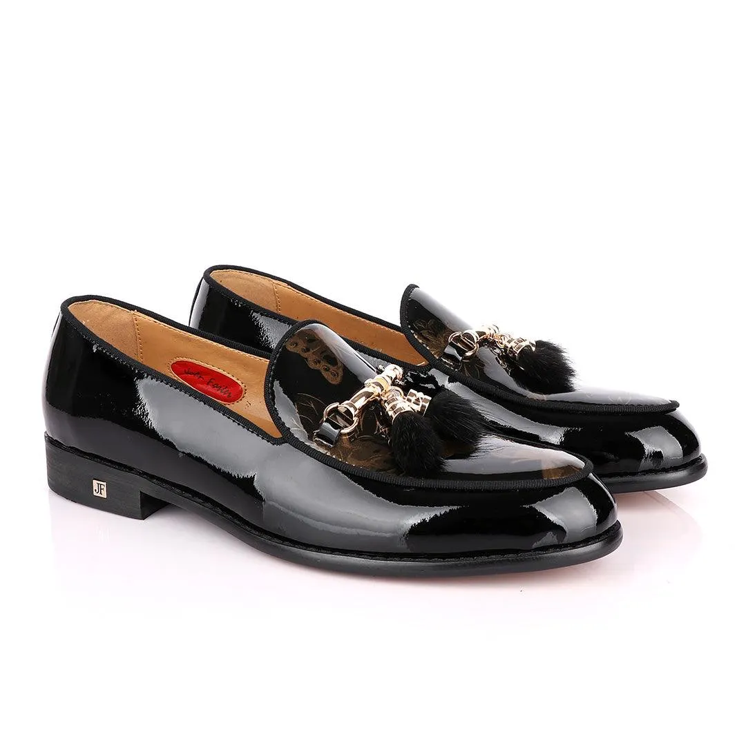 John Foster Classic wetlips Tassels Gold Chain Black Loafers Shoe