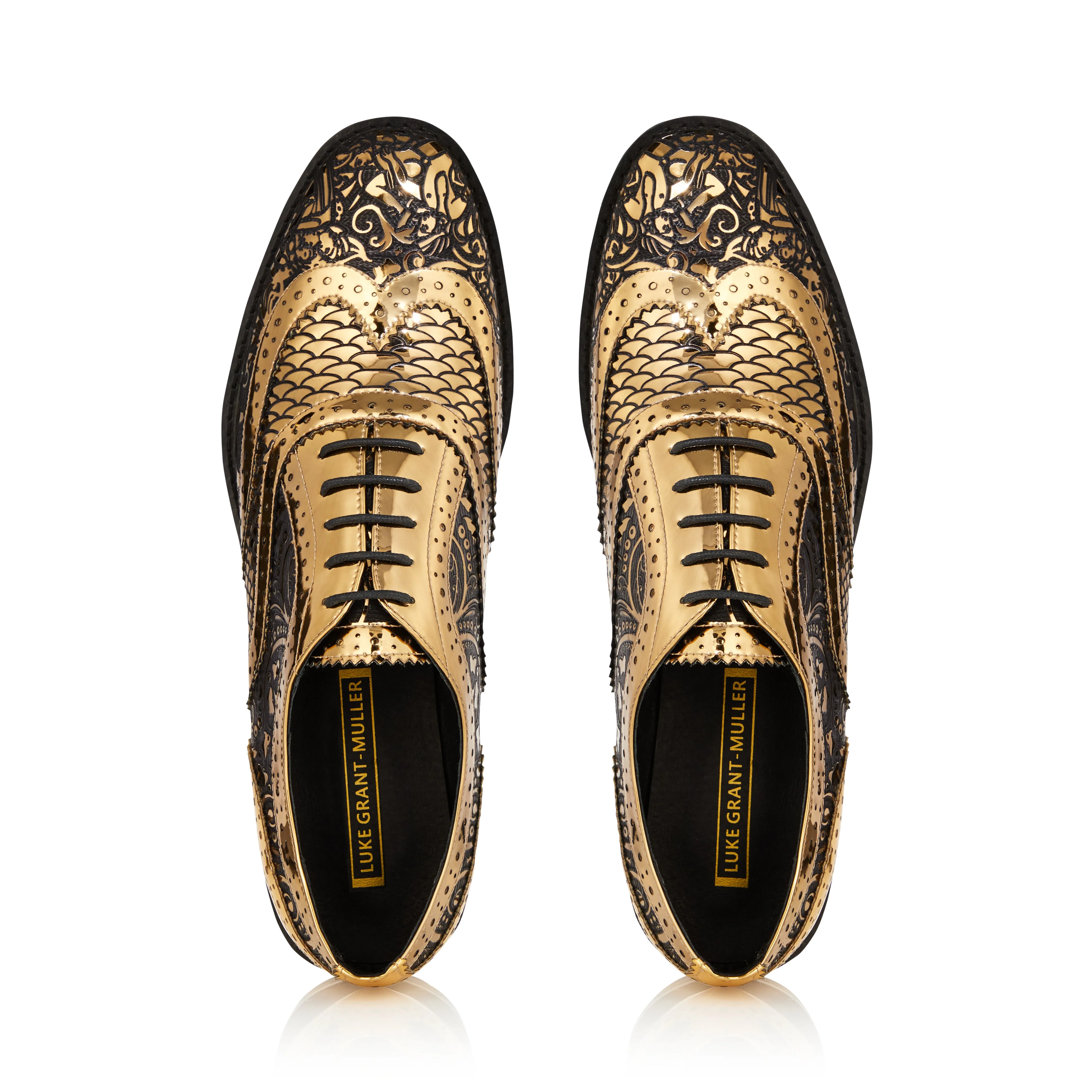 Kama Shoetra Gold and Black Laser etched Brogue Shoes