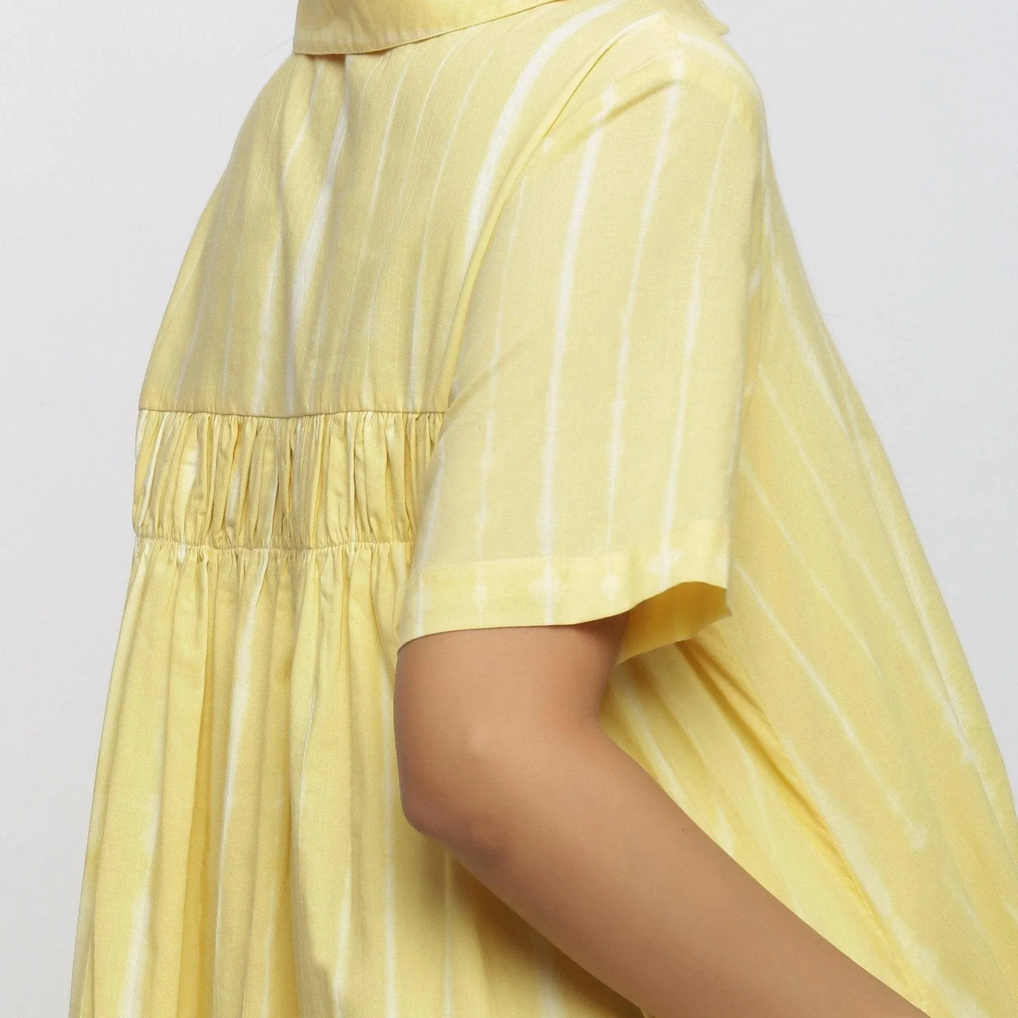 Light Yellow Hand Tie-Dye Cotton Knee Length Peter Pan Dress