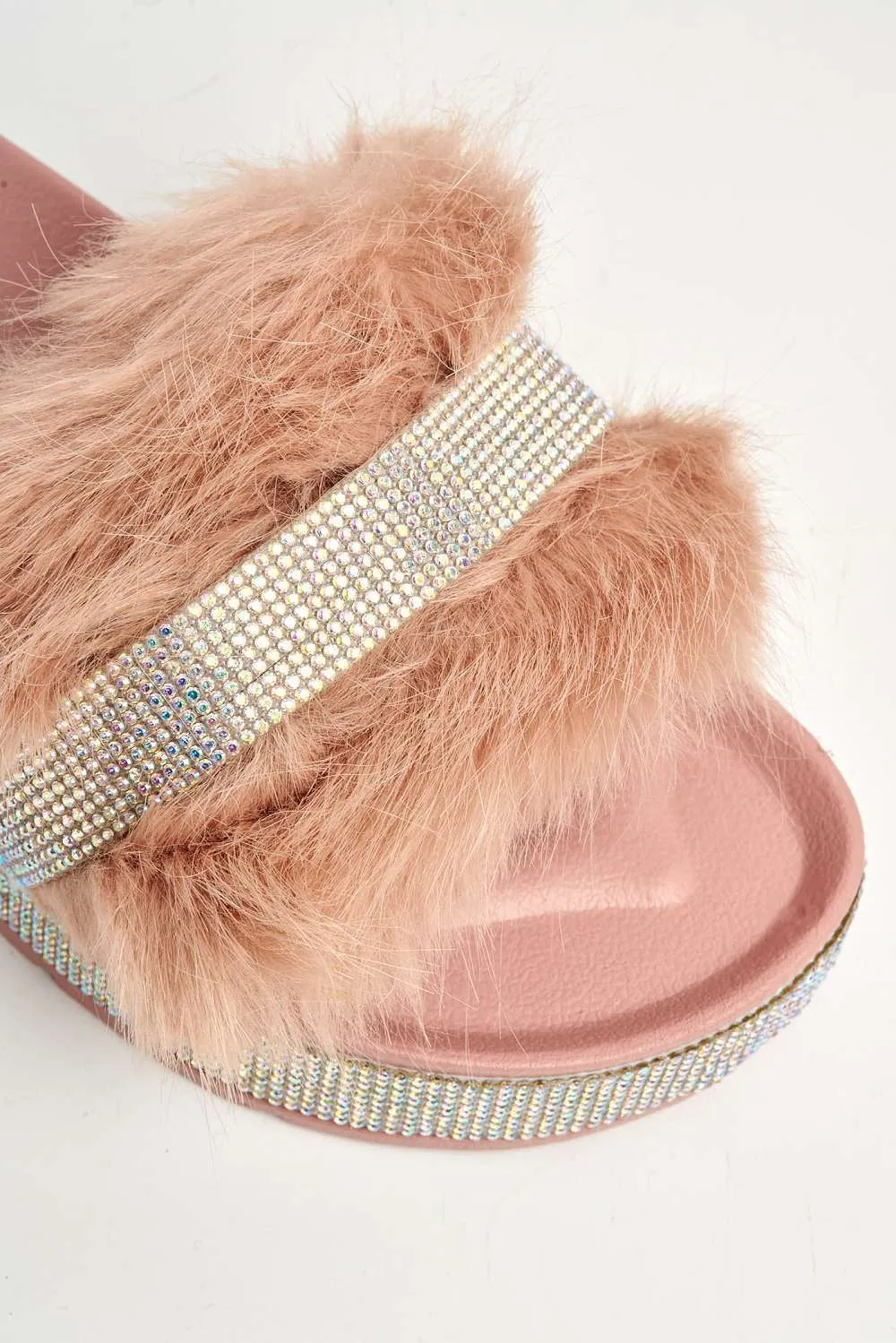 Lula Diamante Embellished Furry Band Rubber Sliders in Pink