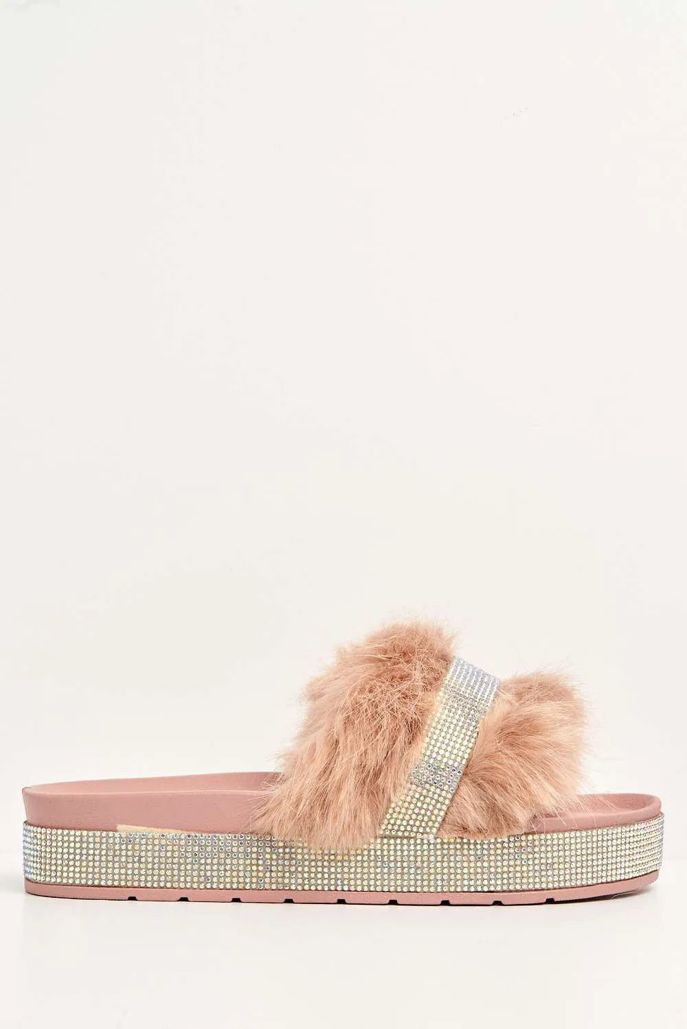 Lula Diamante Embellished Furry Band Rubber Sliders in Pink