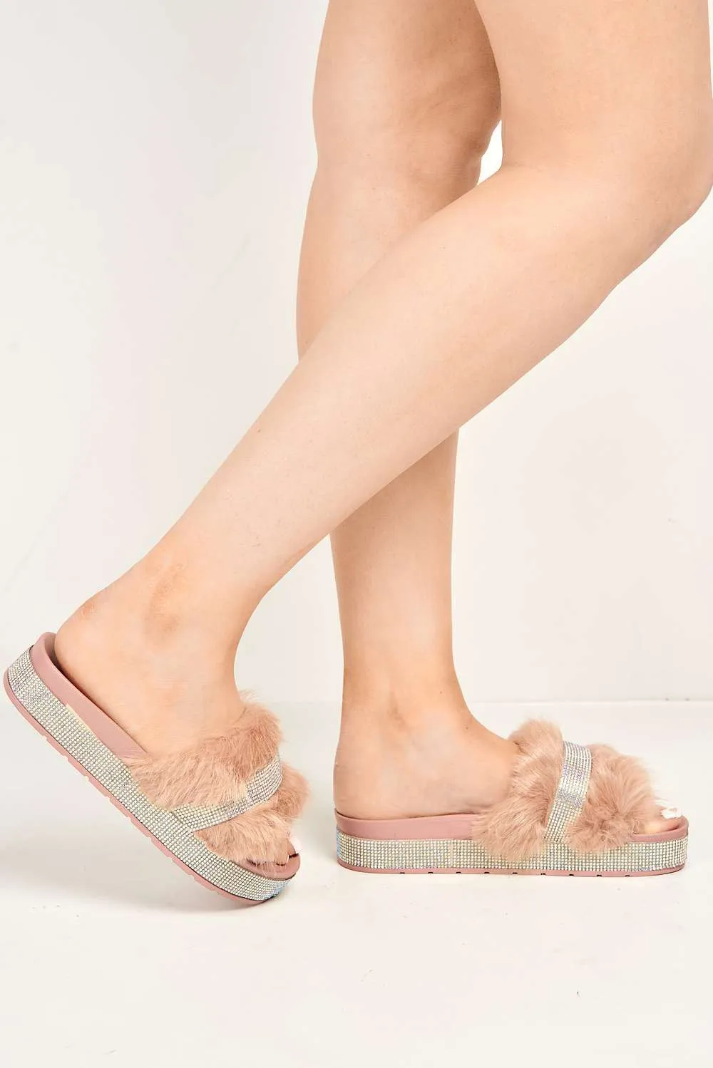 Lula Diamante Embellished Furry Band Rubber Sliders in Pink