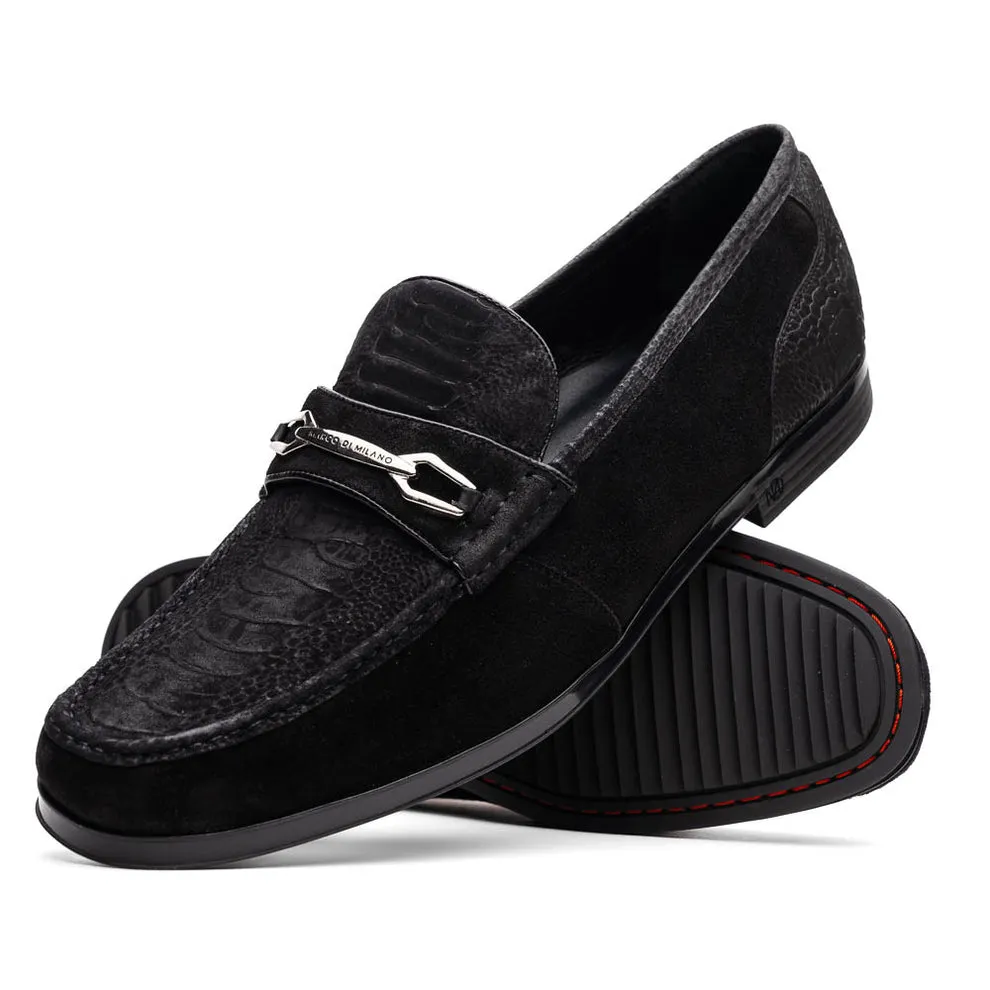 Marco Di Milano Hugo Men's Shoes Black Suede / Ostrich Leg Horsebit Loafers (MDM1066)