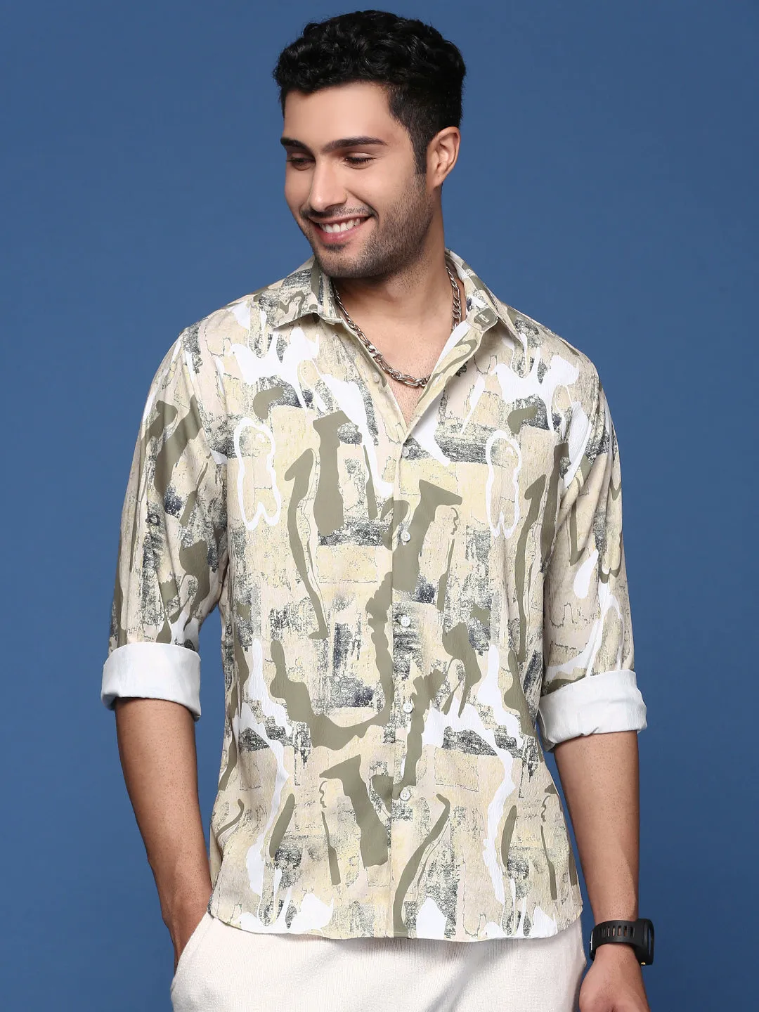 Men Abstract Beige Slim Fit Shirt