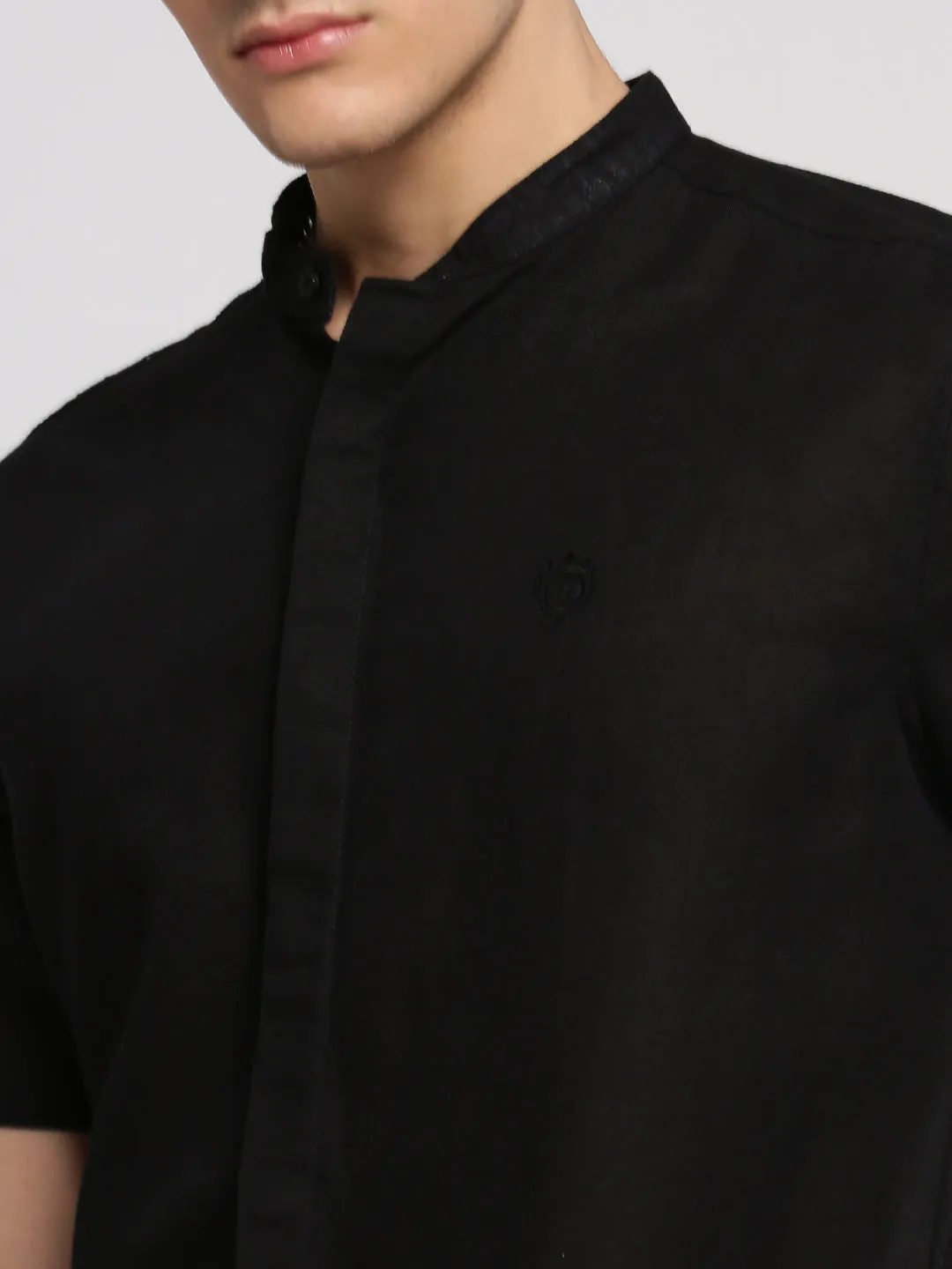 Men Black Mandarin Collar Solid Shirt