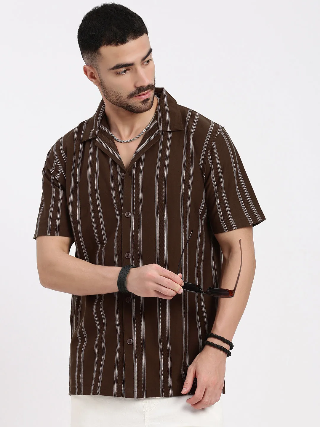 Men Brown Cuban Collar Striped Shirt