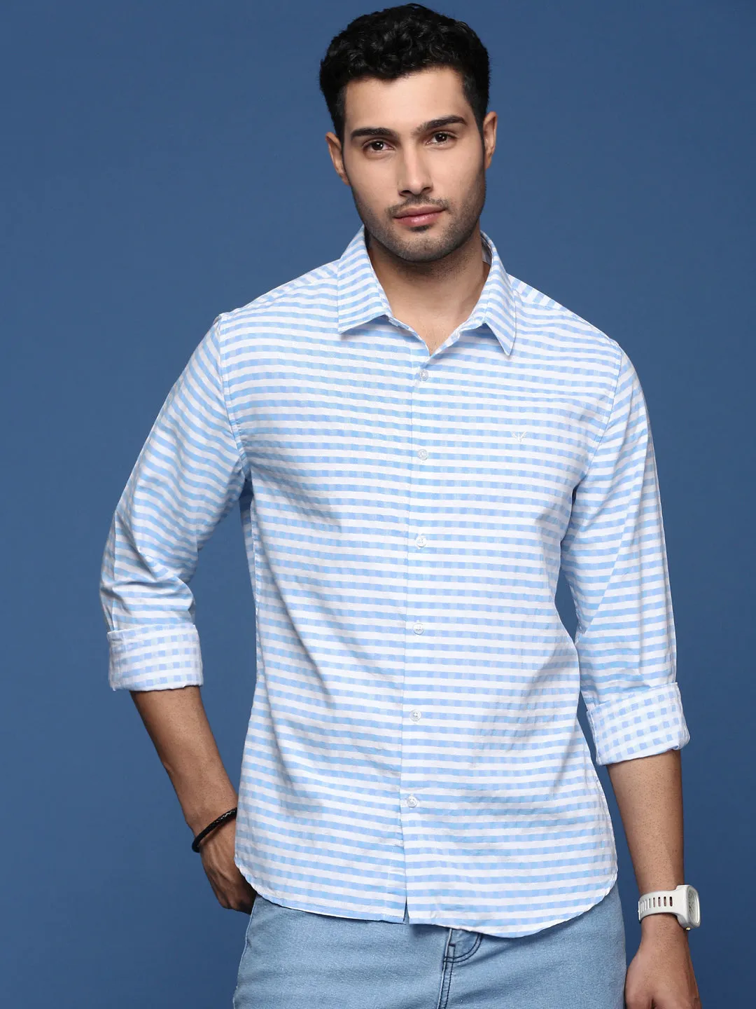 Men Checked Blue Slim Fit Shirt