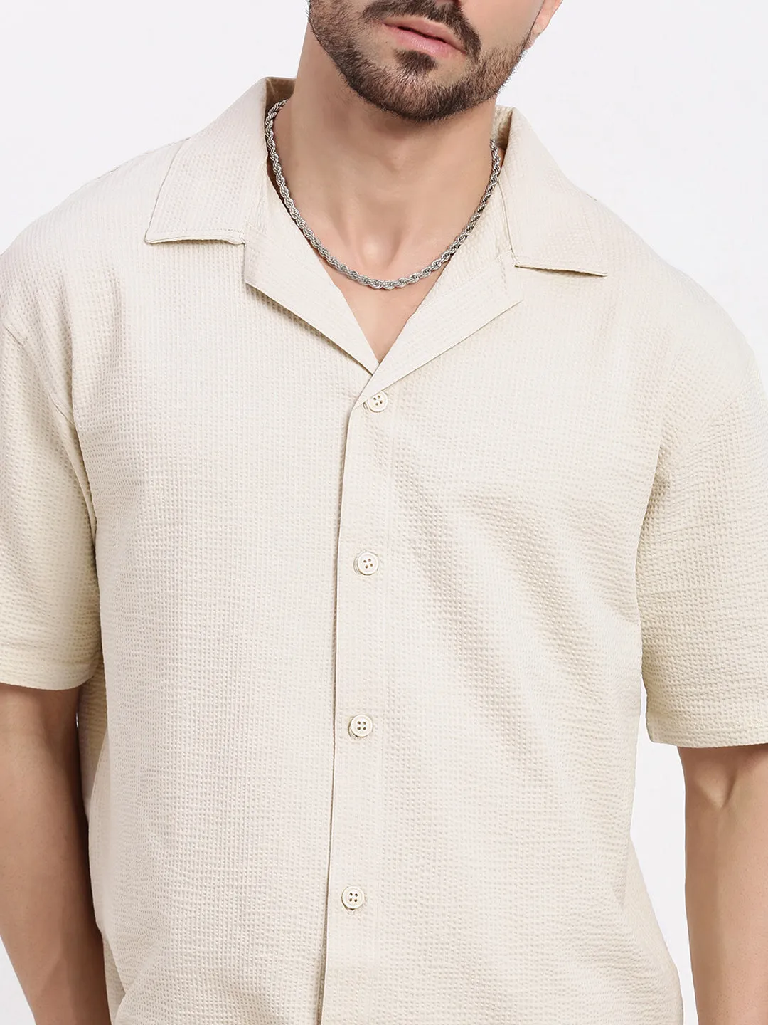 Men Cream Cuban Collar Solid Shirt