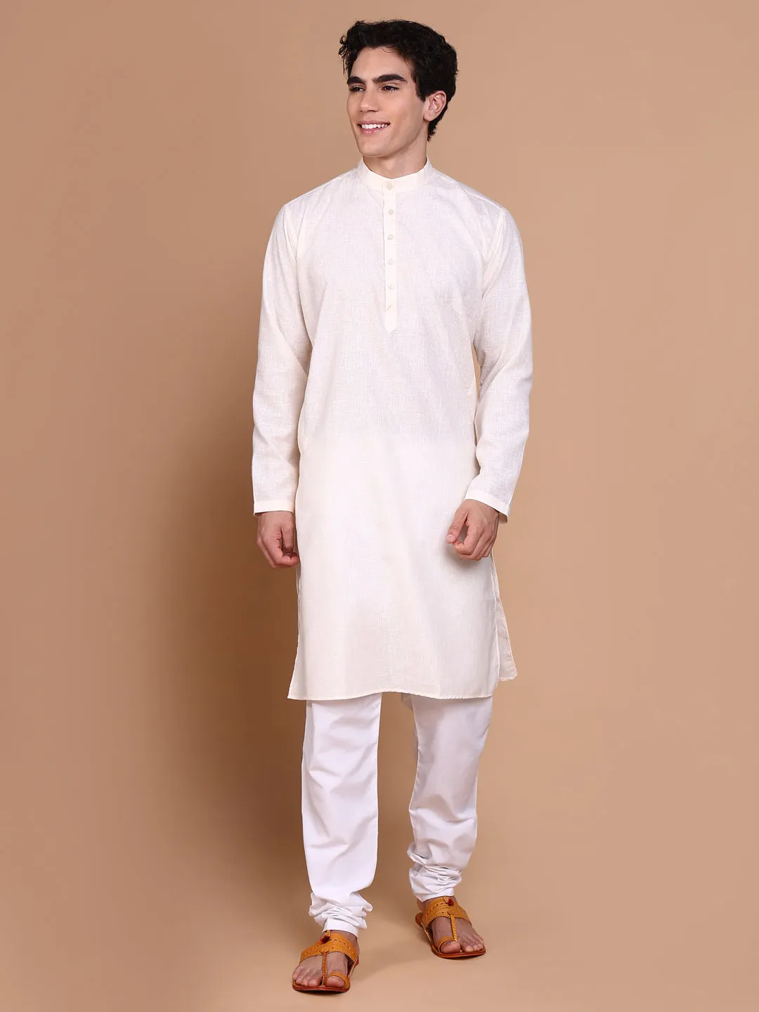 Men Cream Solid Kurta Set